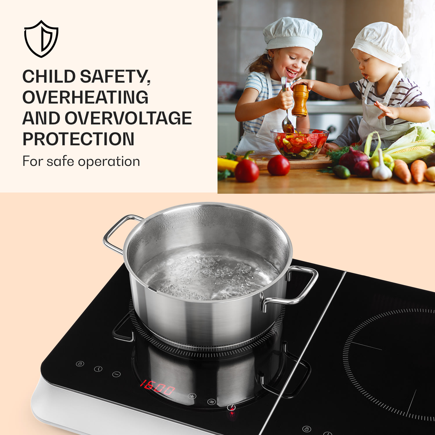 InnoChef Placa de inducción de 3400W con control táctil y vitrocerámica Negro / Plata Metálica