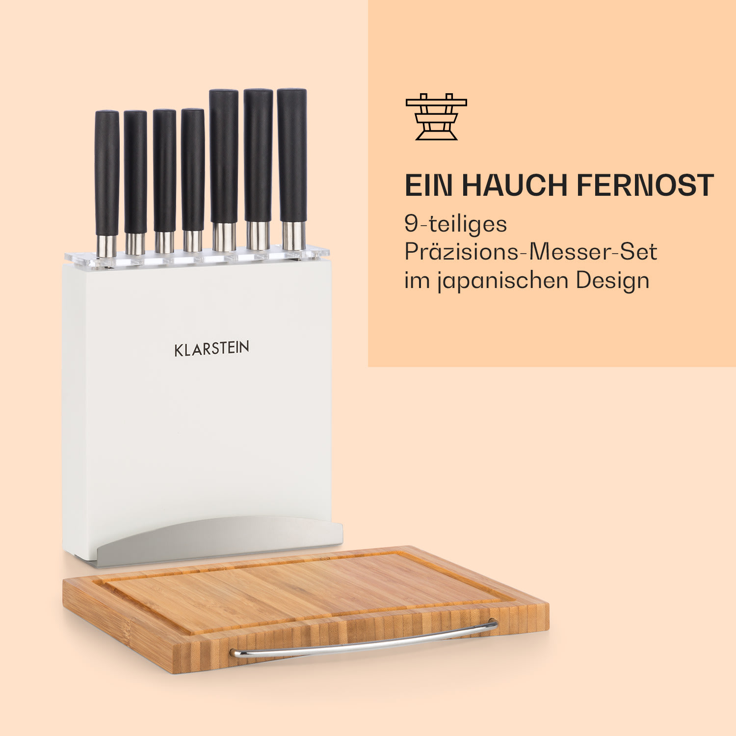 Kitano Plus Messer-Set 9 tlg. Holzblock Bambus-Schneidebrett weiß 
