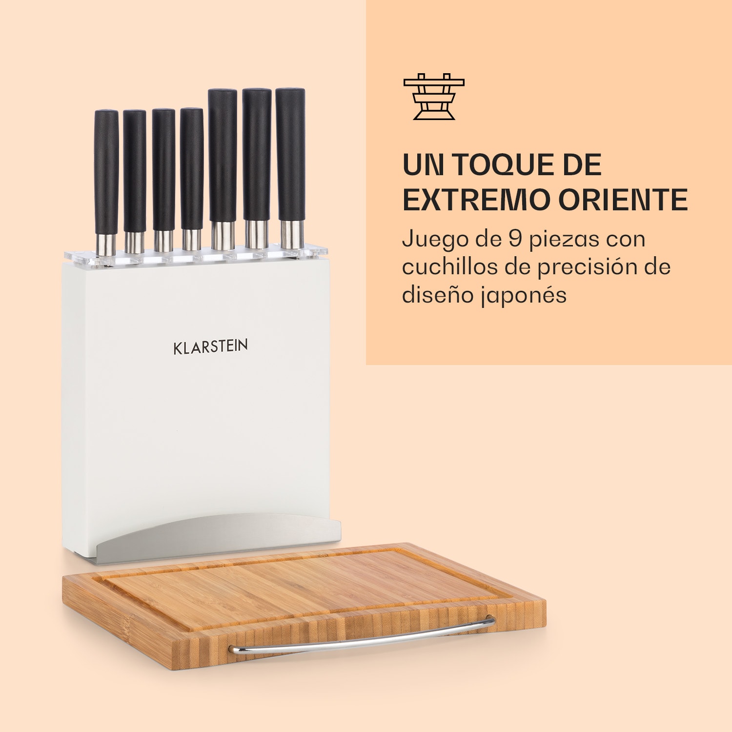 Kitano Plus Set de cuchillos 9 piezas Bloque de madera-tabla de corte de bambú Blanco 