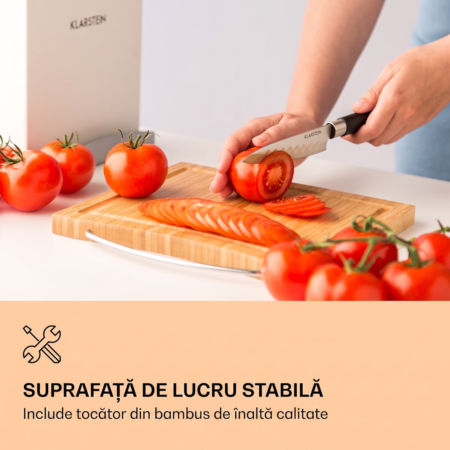 Kitano Plus, Set de cuțite, set din 9 bucăți, suport din lemn, bucată din bambus pentru tăiere, albă 
