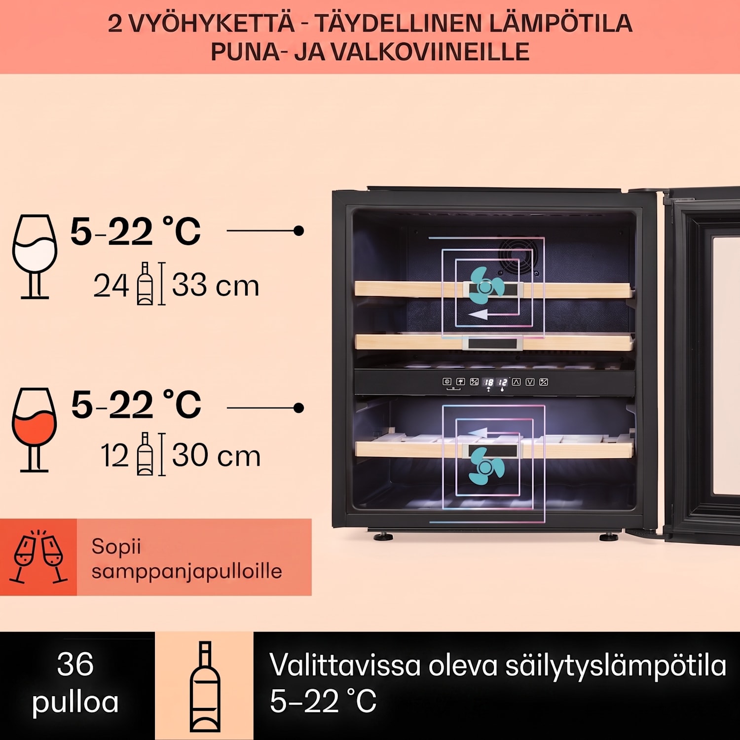 Vinsider 36 -viinikaappi 2 jäähdytysaluetta 5-22 °C 85 l ruostumaton teräs 36 pulloa | 2 jäähdytysalue | Ruostumaton Teräs
