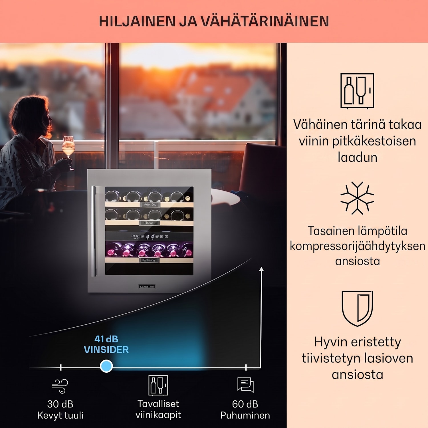 Vinsider 36 -viinikaappi 2 jäähdytysaluetta 5-22 °C 85 l ruostumaton teräs 36 pulloa | 2 jäähdytysalue | Ruostumaton Teräs