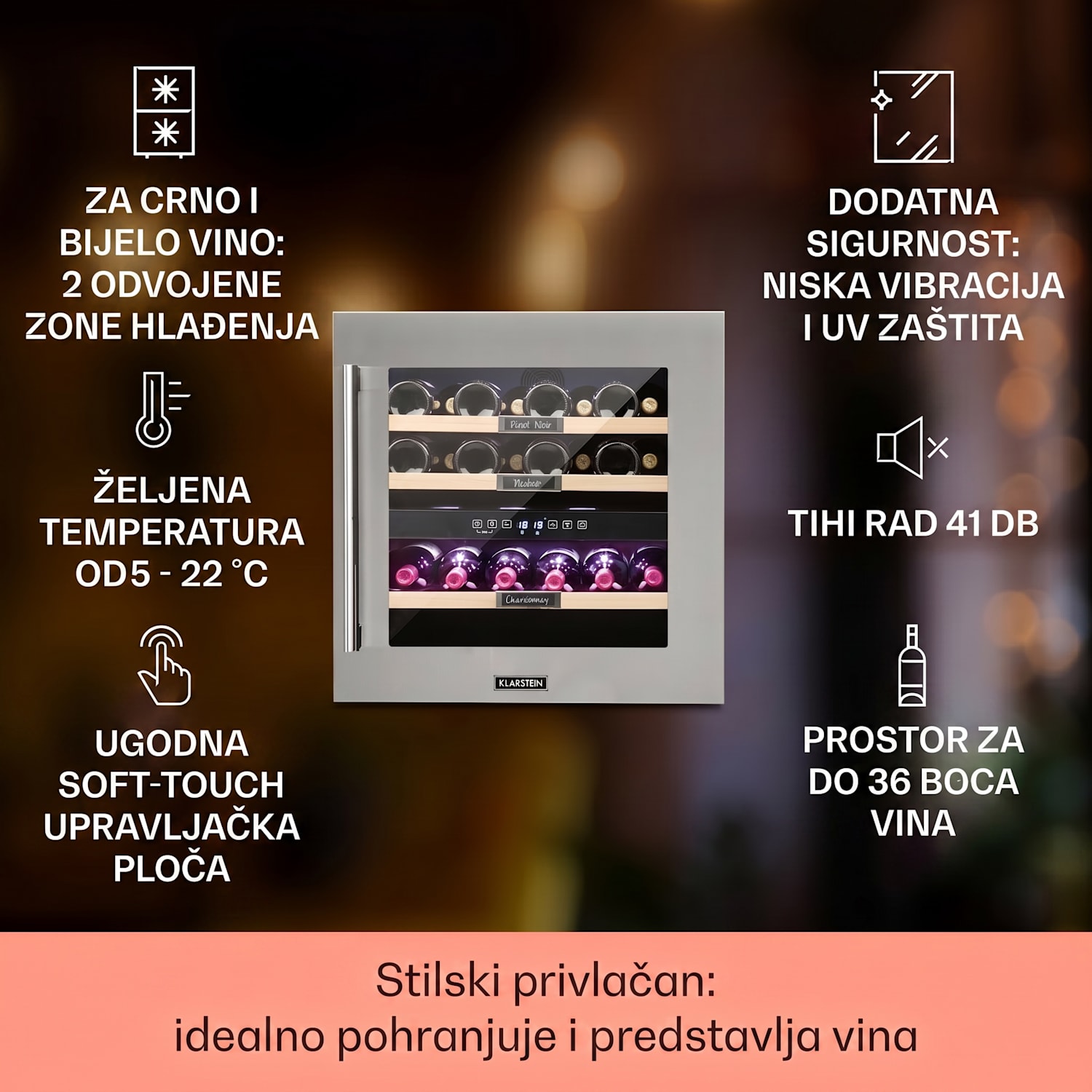Vinsider 36, hladnjak za vino, 2 zone hlađenja, 5-22 ° C, 94l, nehrđajući čelik 36 boca | 2 | Nehrđajući čelik