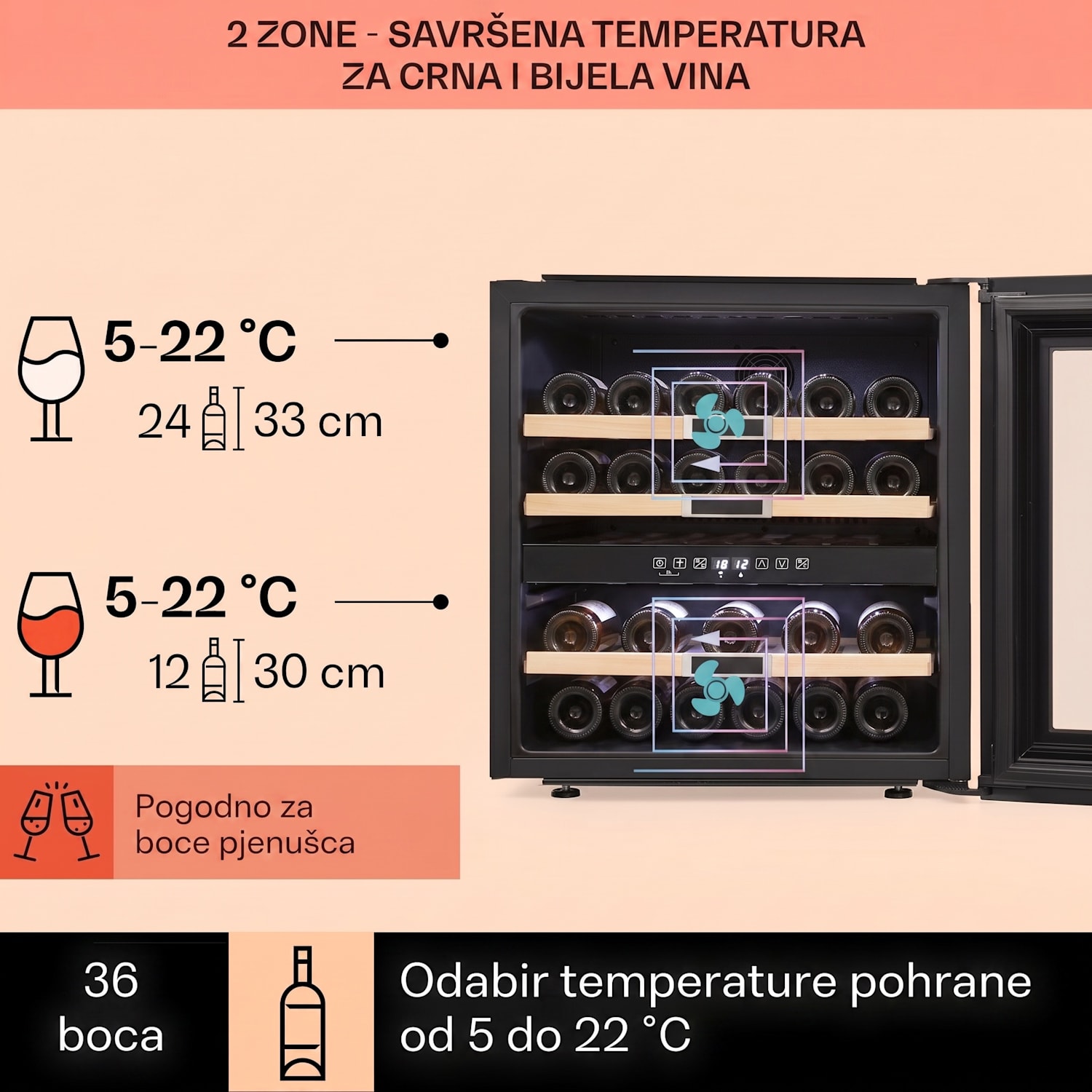 Vinsider 36, hladnjak za vino, 2 zone hlađenja, 5-22 ° C, 94l, nehrđajući čelik 36 boca | 2 | Nehrđajući čelik