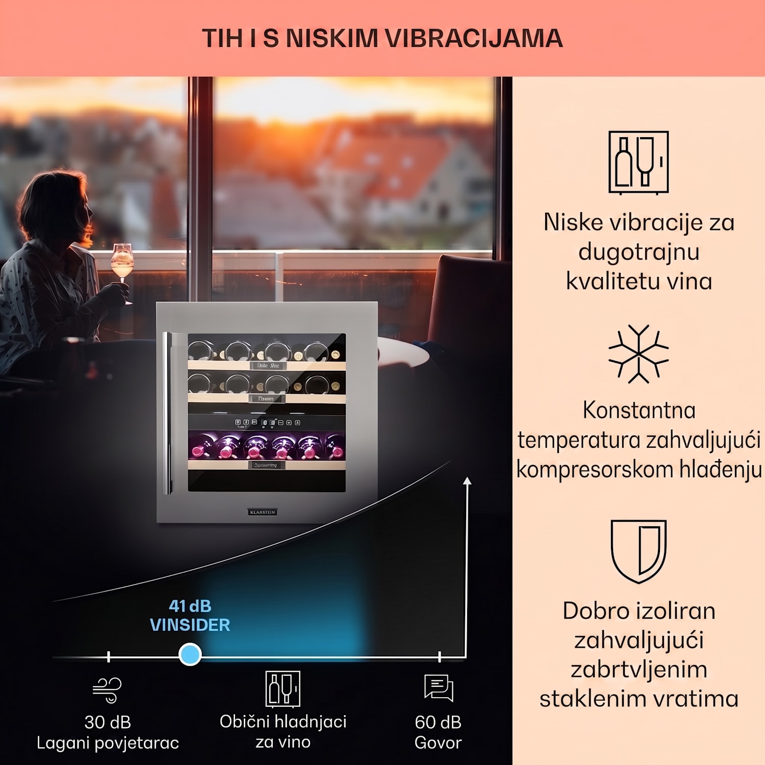 Vinsider 36, hladnjak za vino, 2 zone hlađenja, 5-22 ° C, 94l, nehrđajući čelik 36 boca | 2 | Nehrđajući čelik