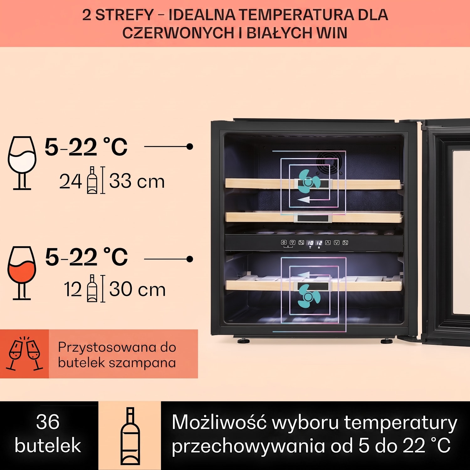 Vinsider 36, chłodziarka do wina, 2 strefy chłodzenia, 5-22°C, 94 l, stal szlachetna 36 butelek | 2 strefy chłodzenia | Stal nierdzewna