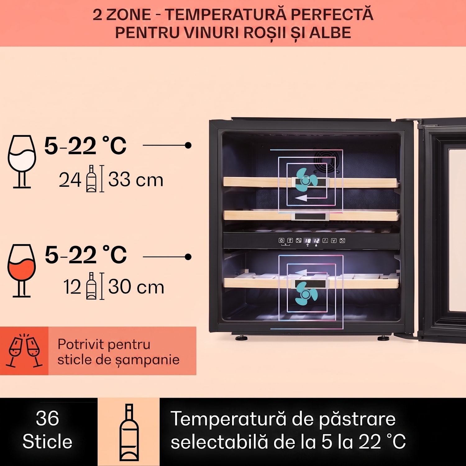 Vinsider 36, răcitor de vinuri, 2 zone de răcire, 5-22°C, 94l, oțel inoxidabil 36 de sticle | 2 | Oțel inoxidabil