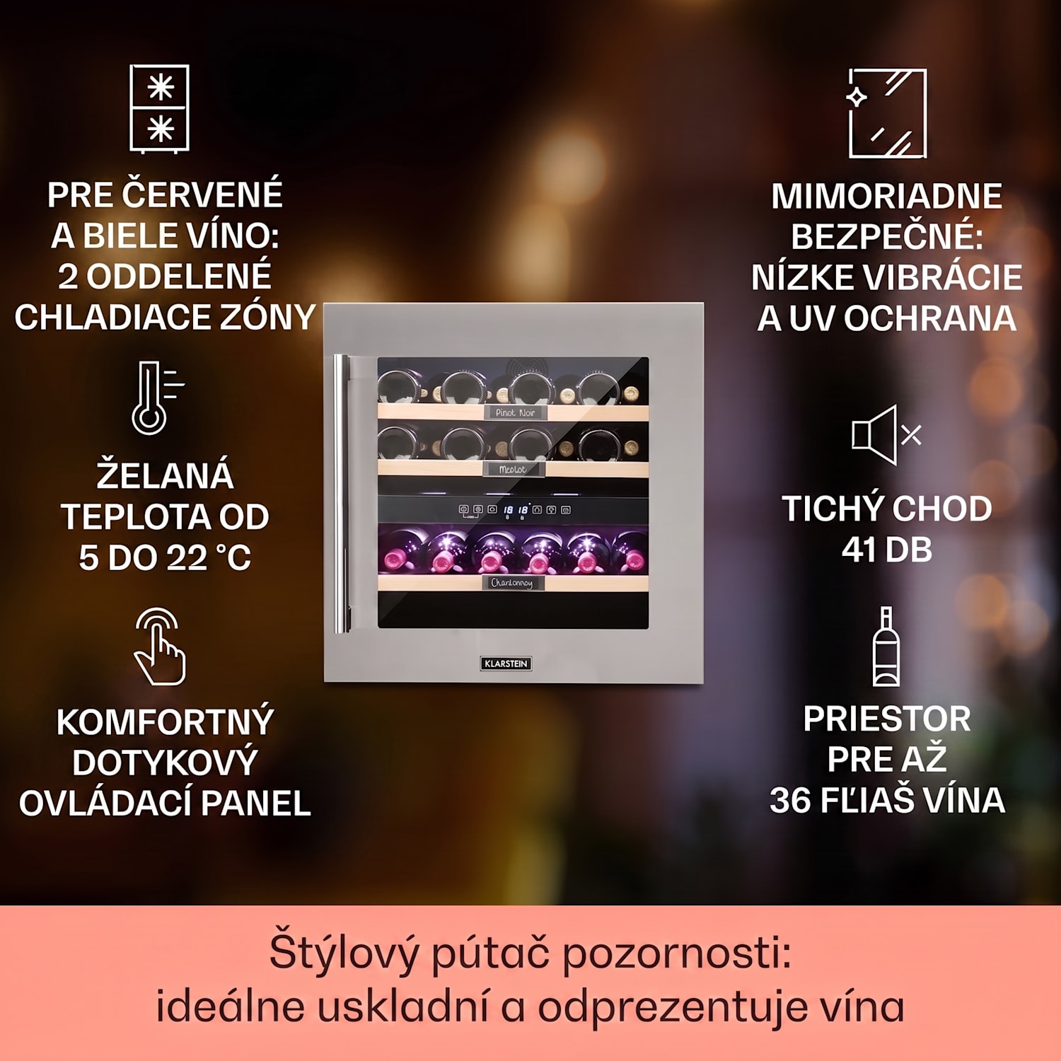 Vinsider 36, vinotéka, 94 l, 5-22°C, 2 zóny, nehrdzavejúca oceľ 36 fliaš | 2 chladiace zóny | Nehrdzavejúca oceľ