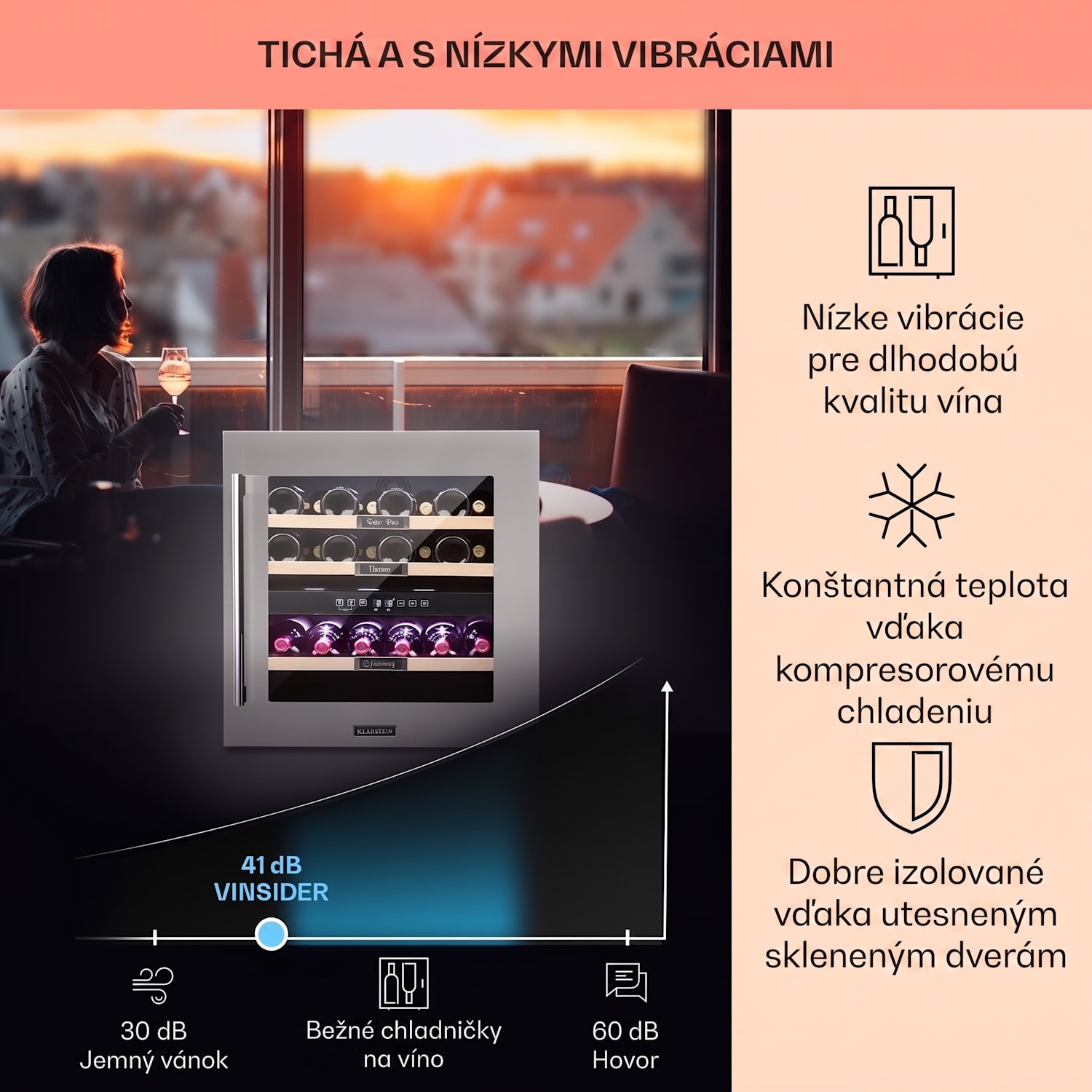Vinsider 36, vinotéka, 94 l, 5-22°C, 2 zóny, nehrdzavejúca oceľ 36 fliaš | 2 chladiace zóny | Nehrdzavejúca oceľ