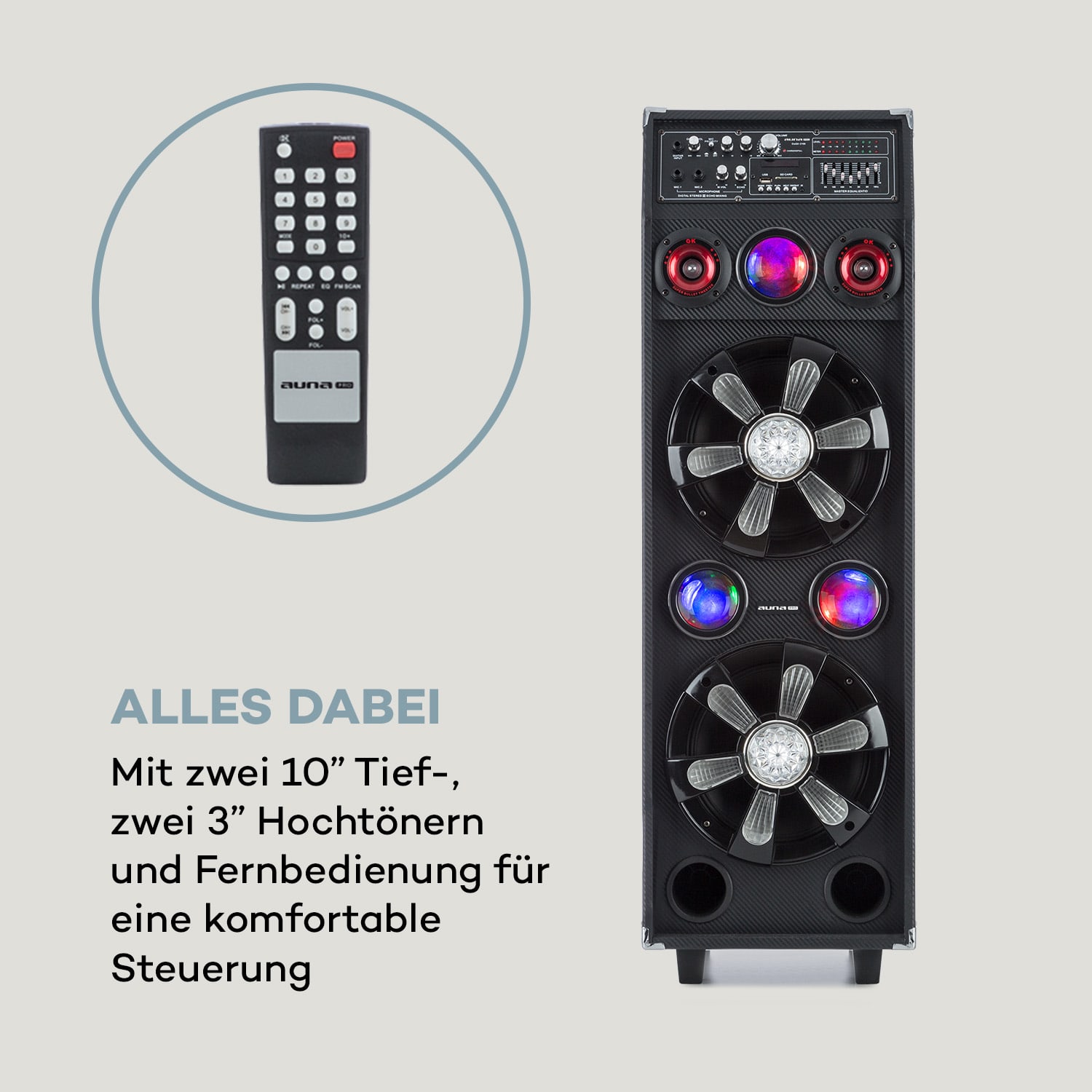 DisGo Box 2100 PA-Anlage 100W RMS BT SD-Slot LEDs USB Akku 