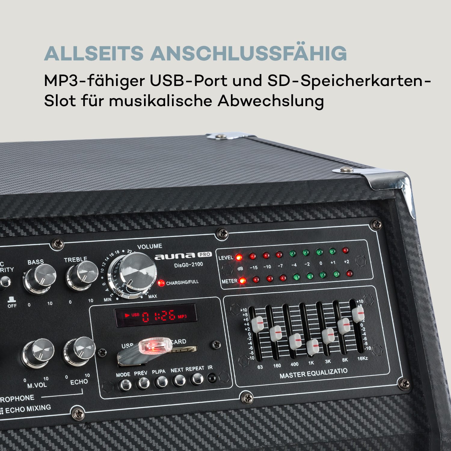 DisGo Box 2100 PA-Anlage 100W RMS BT SD-Slot LEDs USB Akku 