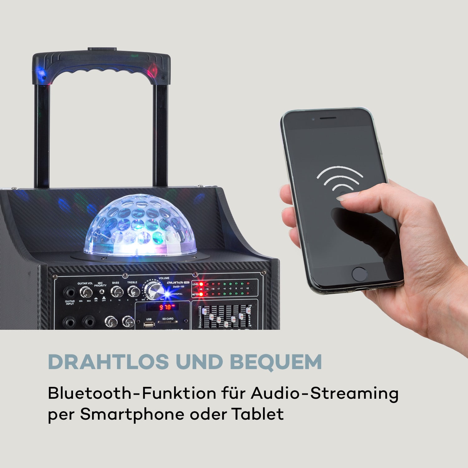 DisGo Box 100 Mobile PA-Anlage 50W RMS BT SD-Slot LEDs USB Akku 