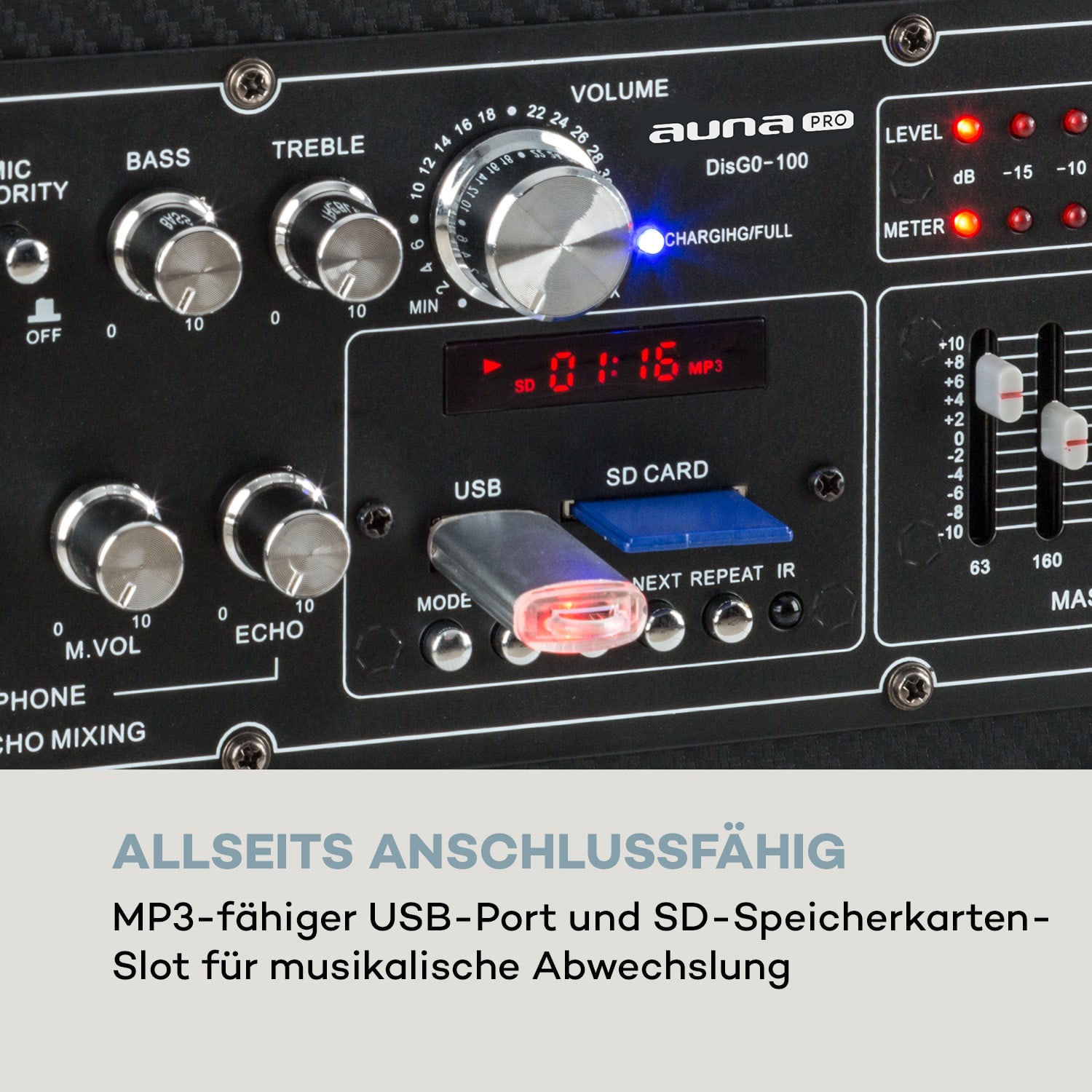 DisGo Box 100 Mobile PA-Anlage 50W RMS BT SD-Slot LEDs USB Akku 