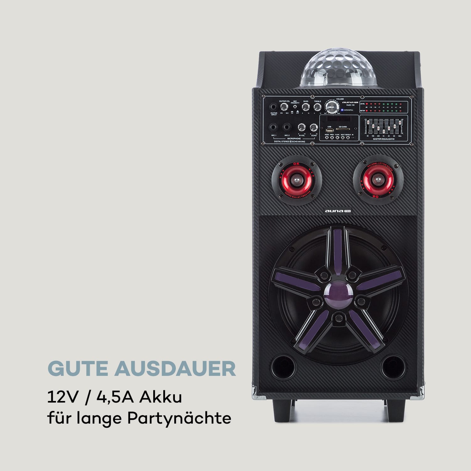 DisGo Box 100 Mobile PA-Anlage 50W RMS BT SD-Slot LEDs USB Akku 