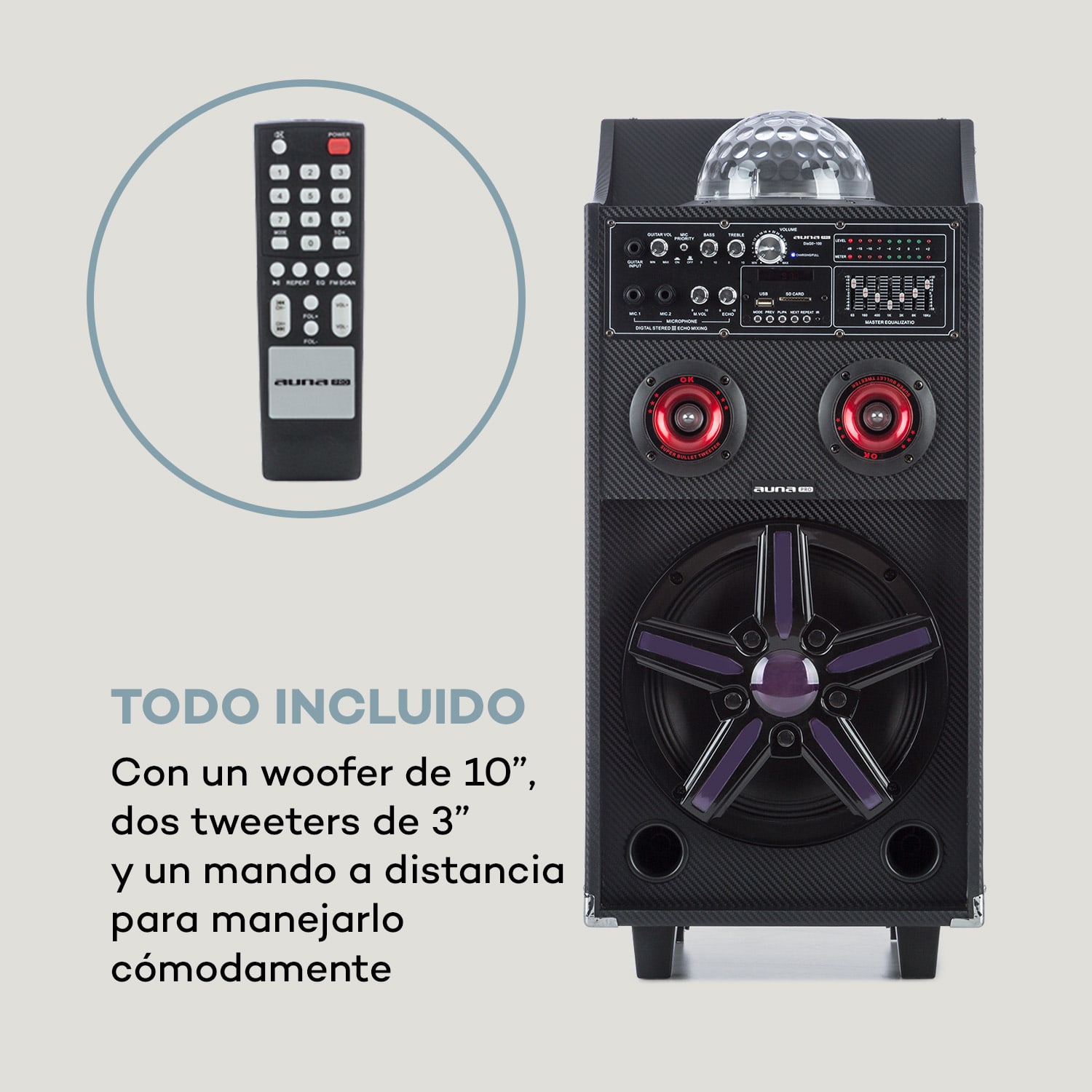 DisGo Box 100 Sistema de megafonía móvil 50W RMS BT ranura SD LEDs Batería USB negro 