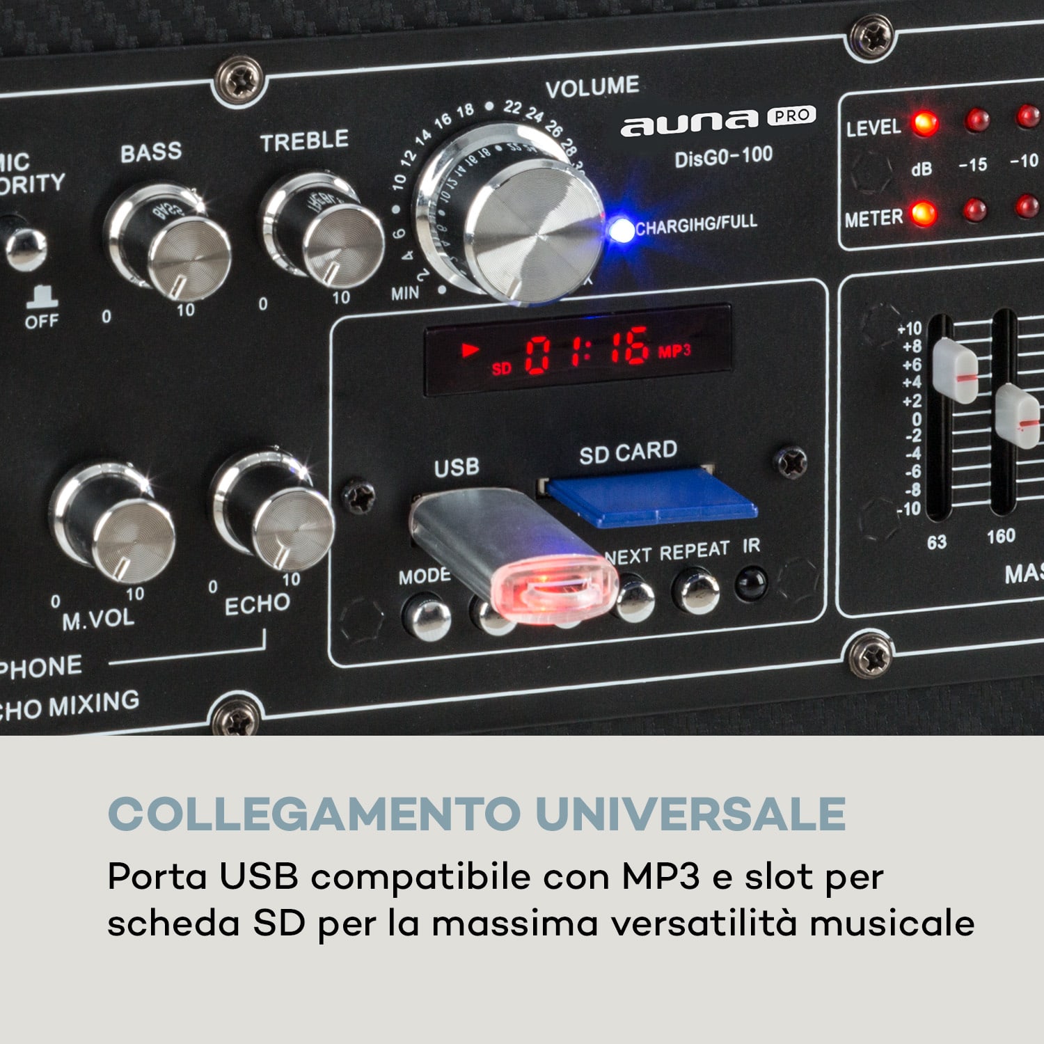 DisGo Box 100 impianto PA portatile 50W RMS BT slot SD LED USB batteria nero 