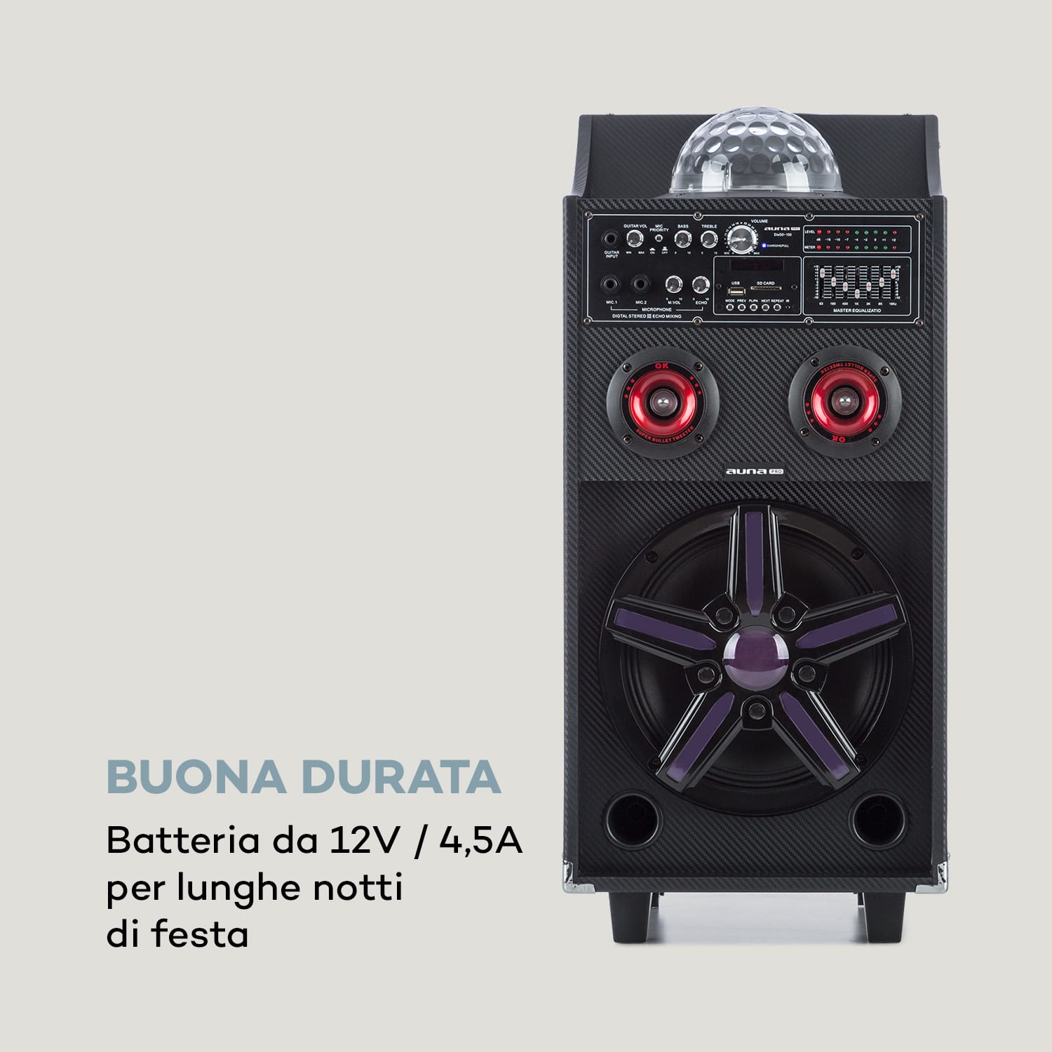 DisGo Box 100 impianto PA portatile 50W RMS BT slot SD LED USB batteria nero 