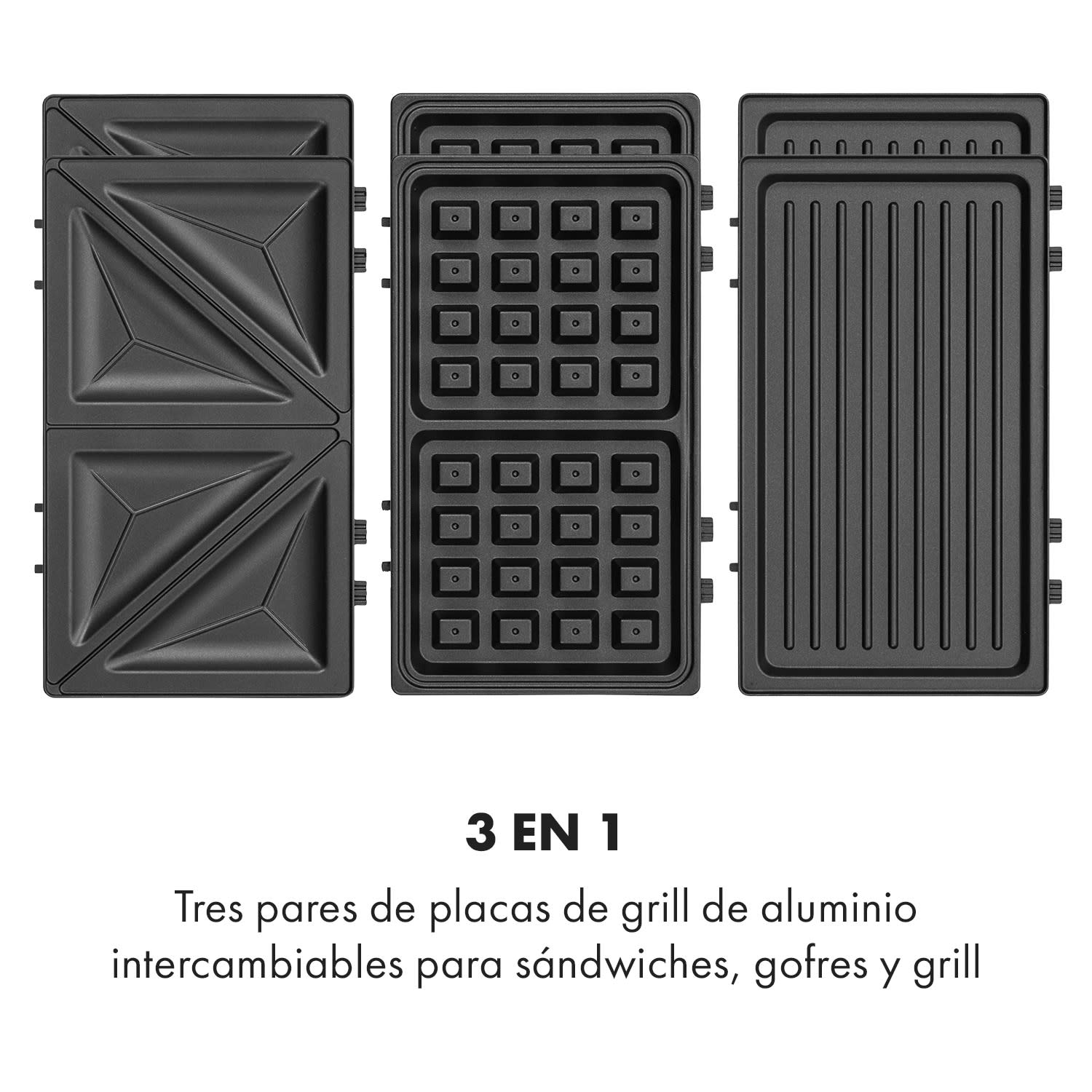 Trilit sandwichera 3 en 1 750 W 3 placas LED antiadherente plateada Plata