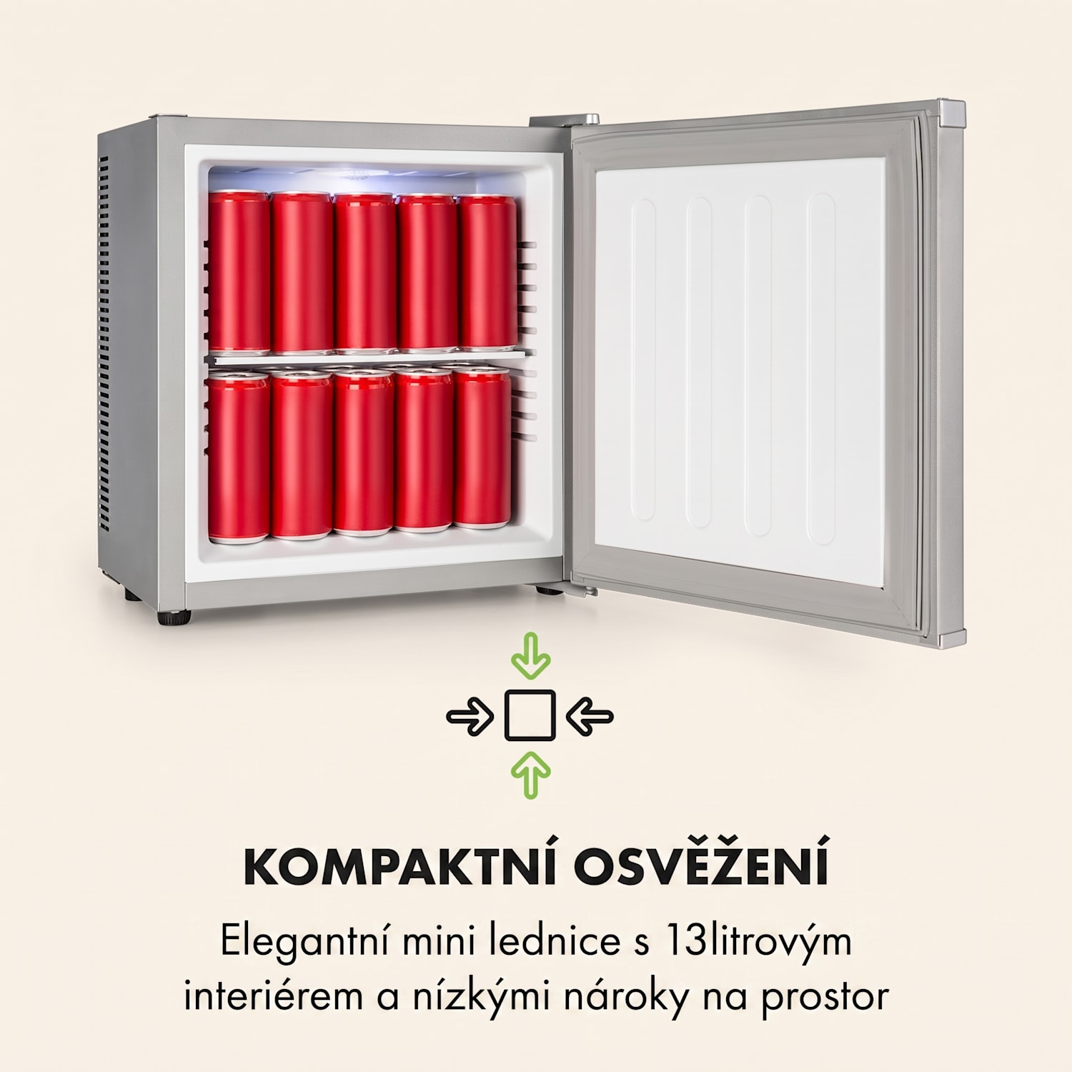 Secret Cool, mini lednice, minibar, 13 l, energetická třída G, 22 dB, stříbrná Stříbrná metalíza