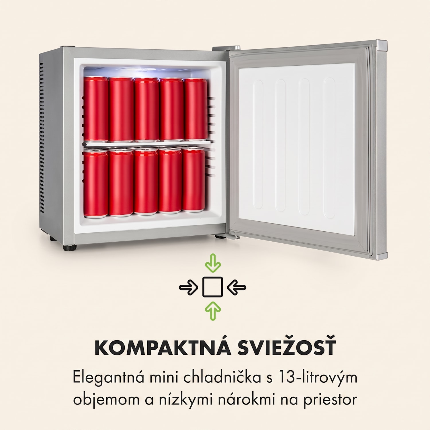 Secret Cool, mini chladnička, minibar, 13 l, energet. trieda G, strieborná Strieborná metalíza