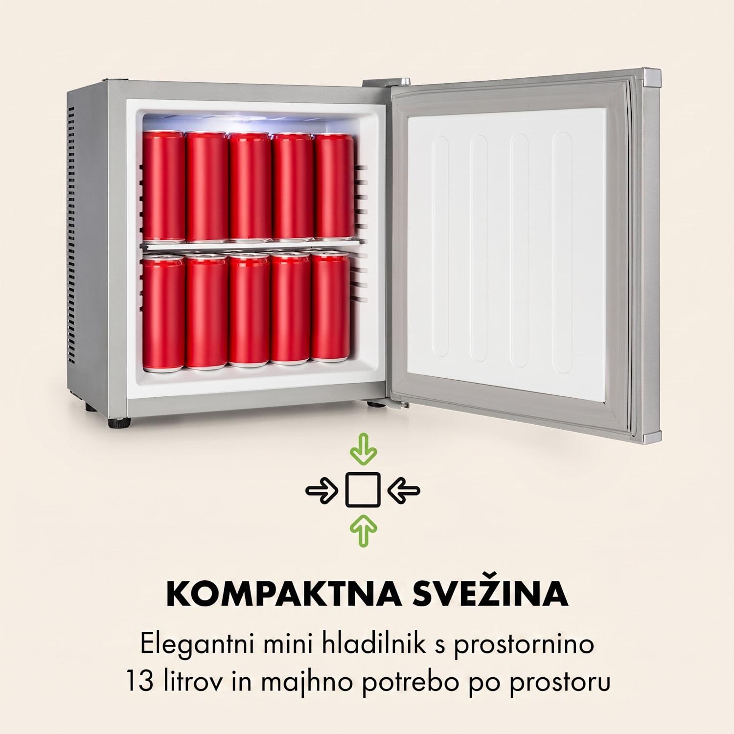 Secret Cool, mini hladilnik, mini bar, 13 l, energijski razred G, 0d, srebrna Srebrna kovinska barva