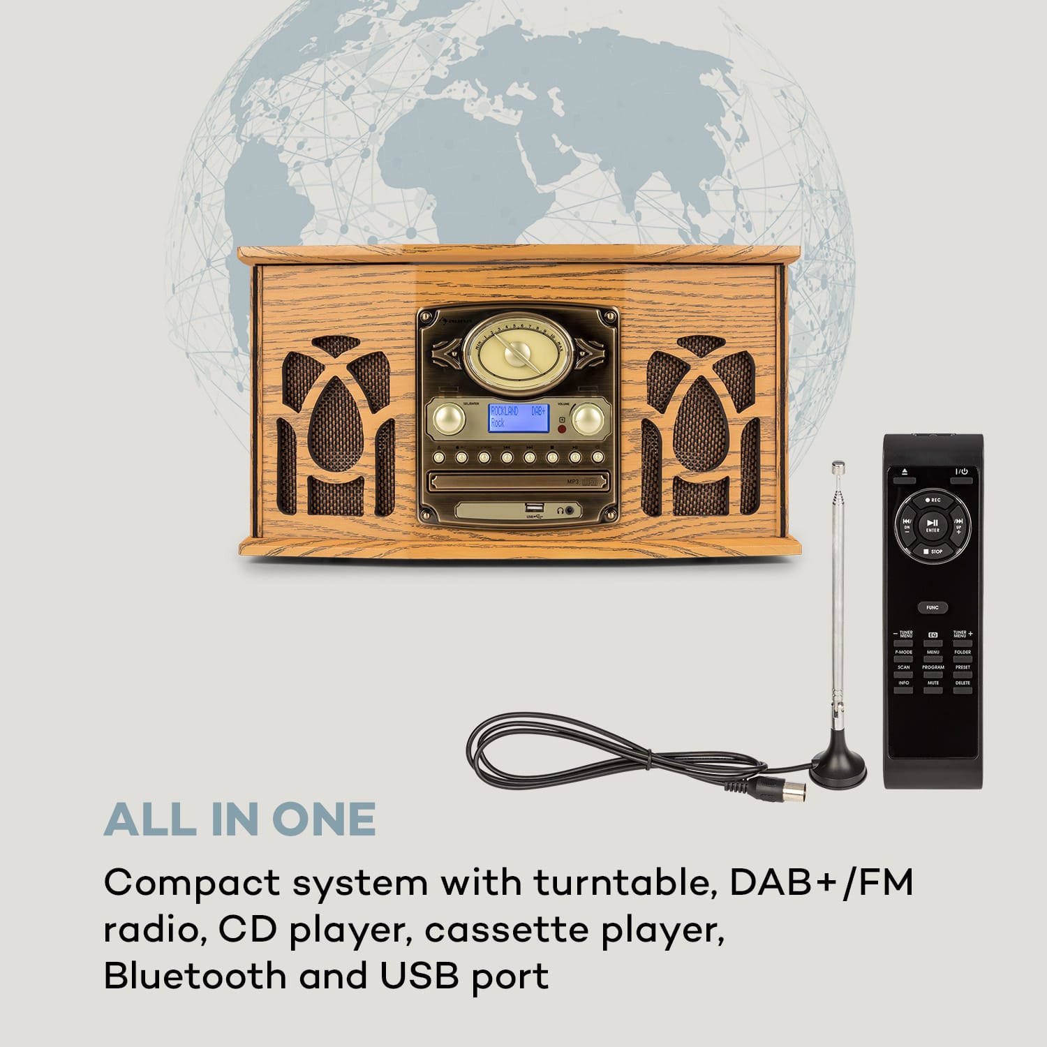 NR-620, DAB, stereo systém, drevo, gramofón, DAB+, prehrávač CD, hnedý Dub