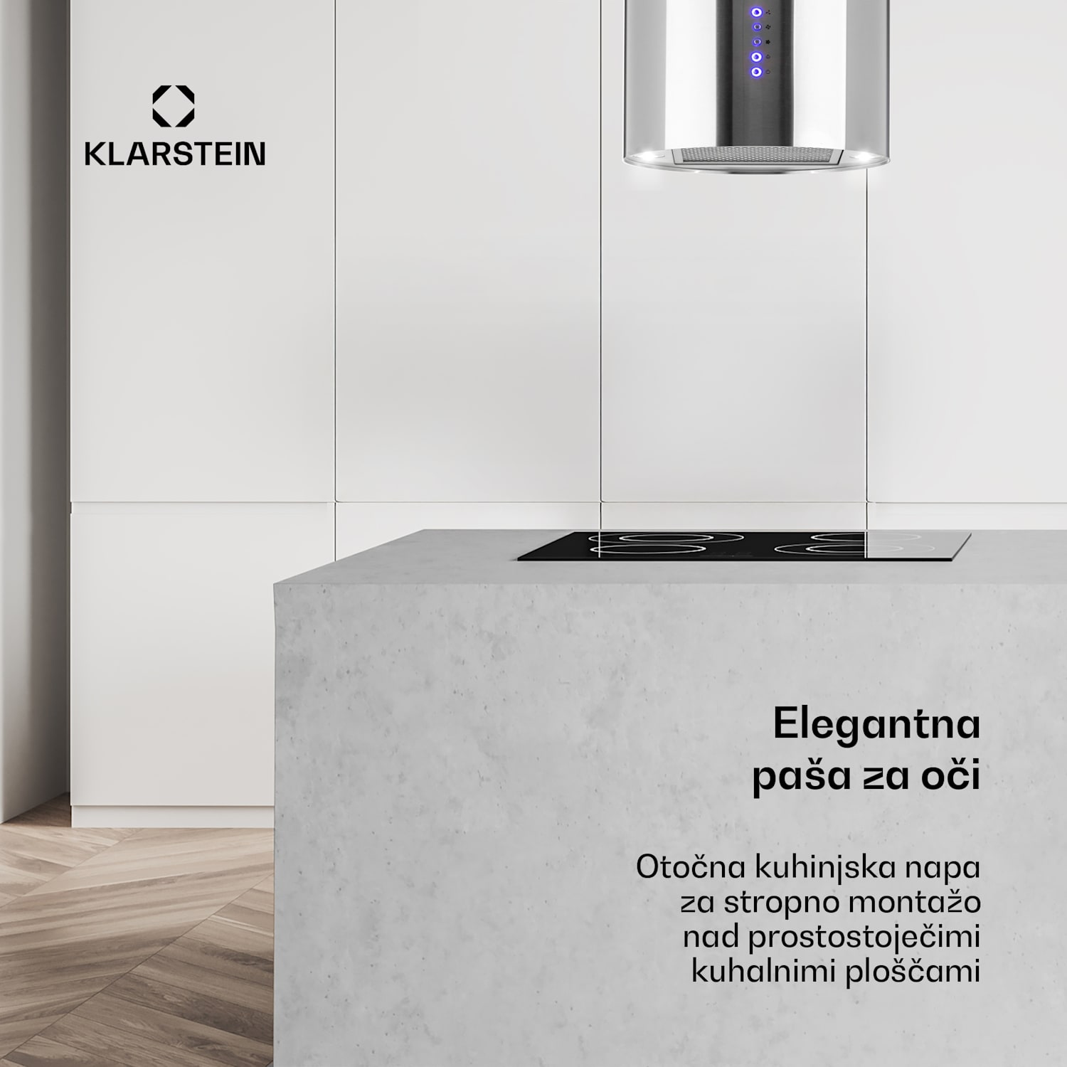 Beretta, otočna napa, Ø35cm, recirkulacija, 650m³/h, LED, nerjaveče jeklo Nerjaveče jeklo