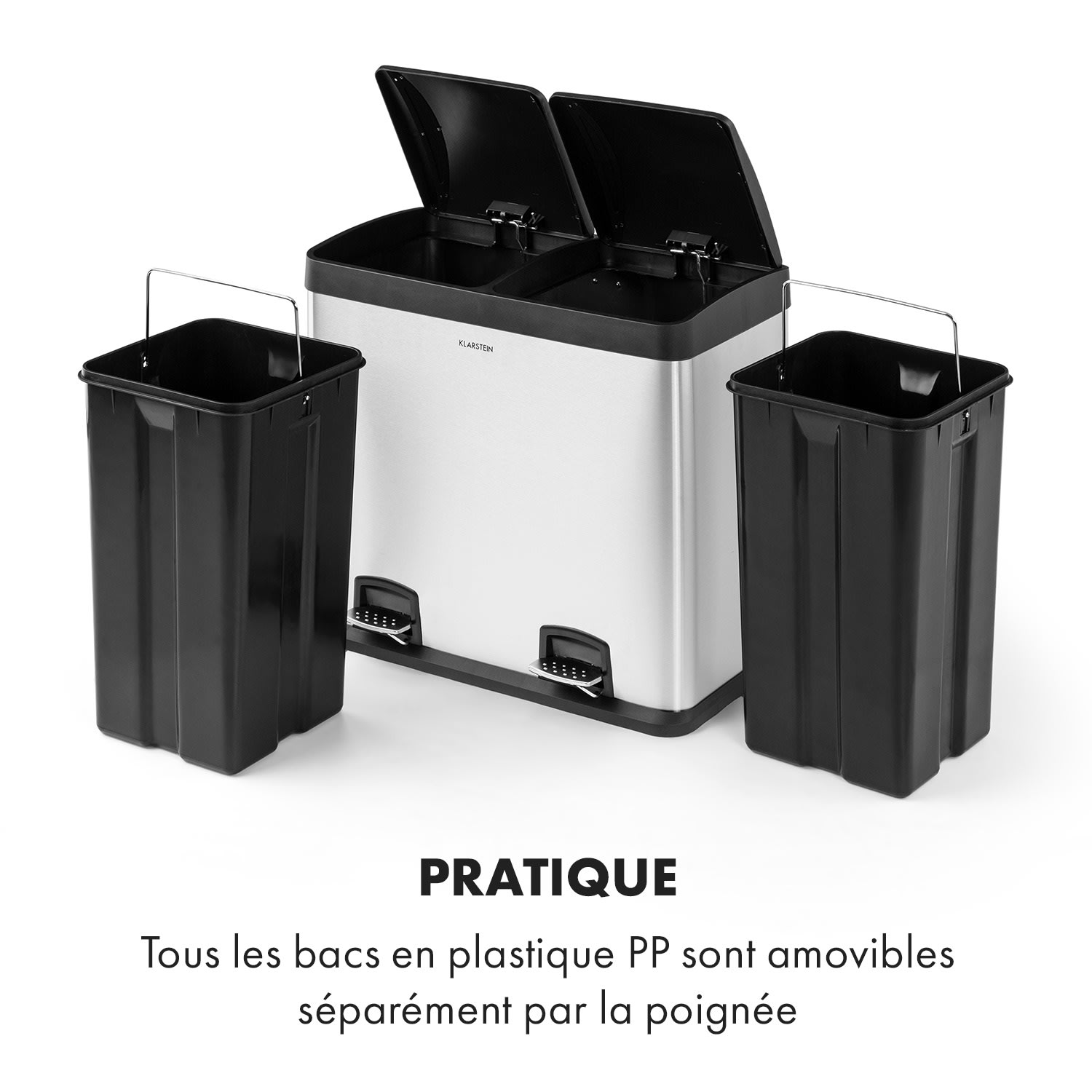 Johnny Trash poubelle à pédale 48 L / 2x24 L silencieuse PP inox brossé 48 L | Acier Inoxydable