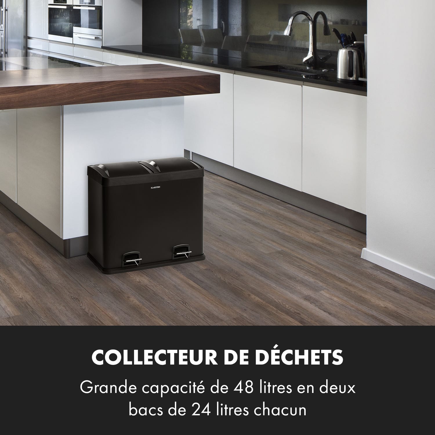 Johnny Trash poubelle à pédale 48 L / 2x24 L silencieuse PP inox noir 48 L | Noir
