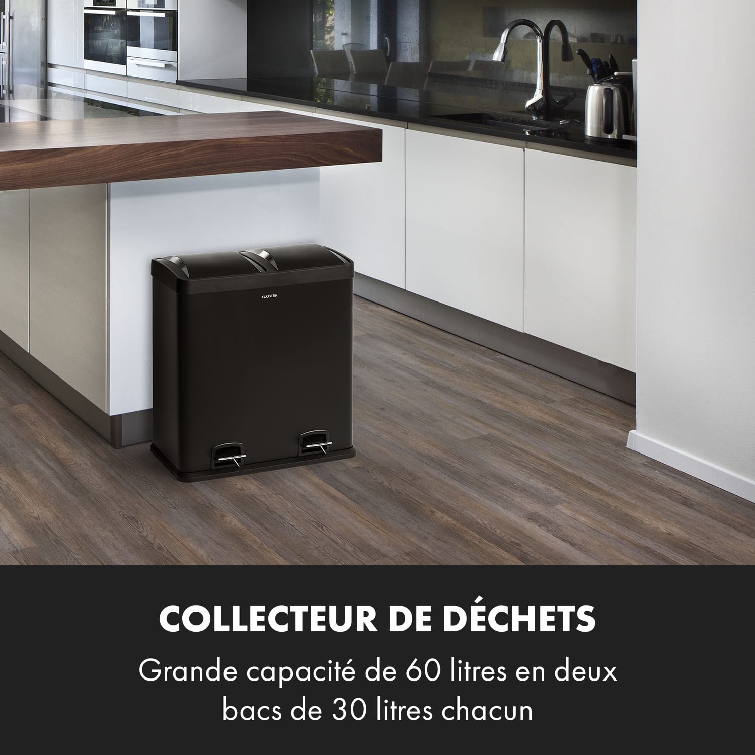 Johnny Trash XL poubelle à pédale 60 L / 2x30 L silencieuse PP inox noir 60 L | Noir