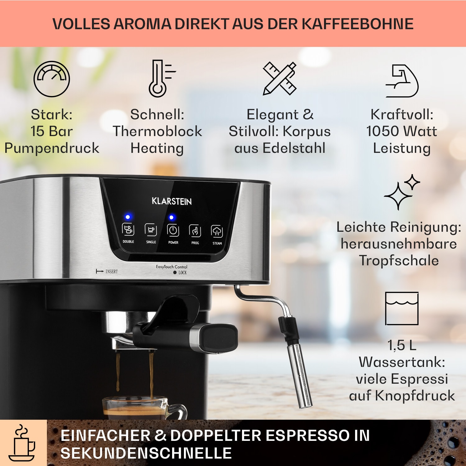 Arabica Espressomaschine 1050W 15 Bar 1,5l Touch-Bedienfeld  Edelstahl Silber-Metallic