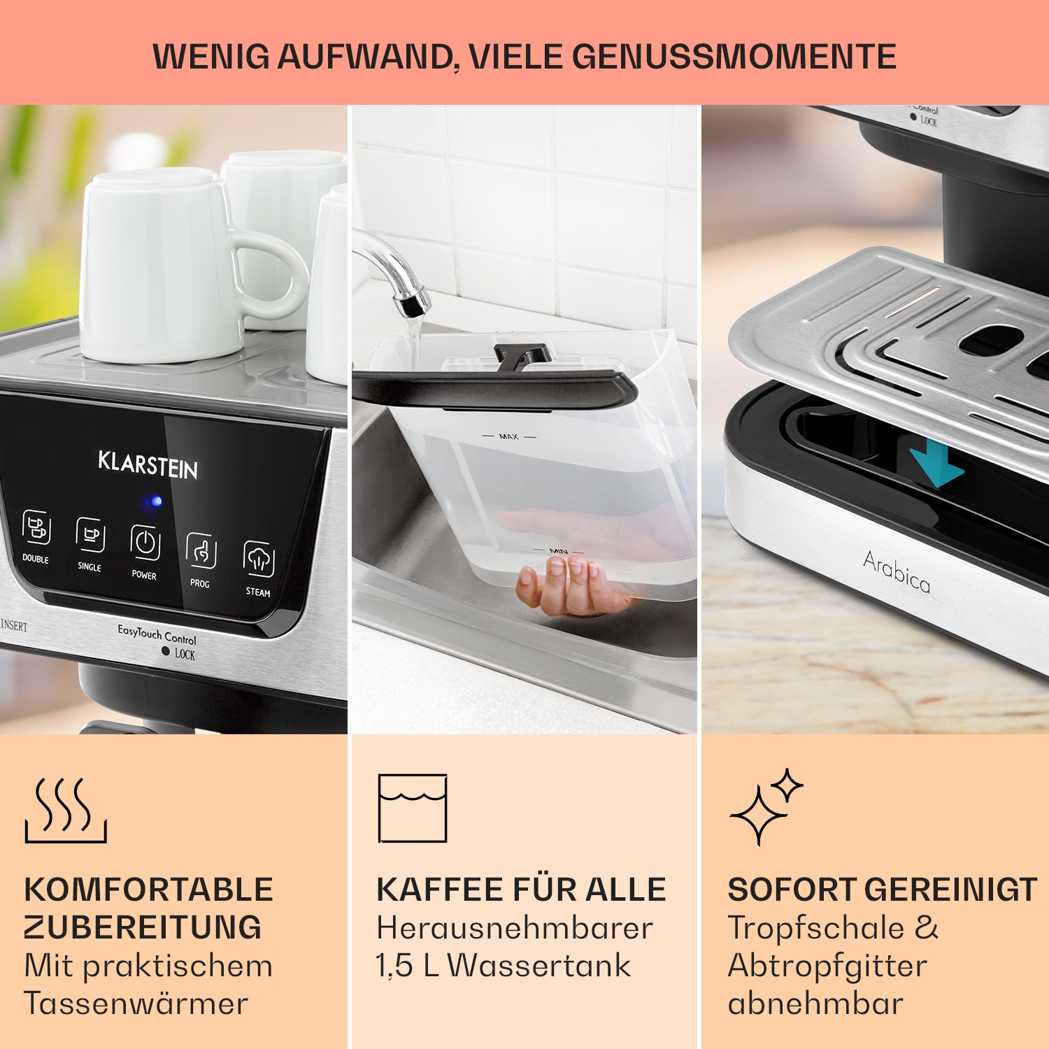 Arabica Espressomaschine 1050W 15 Bar 1,5l Touch-Bedienfeld  Edelstahl Silber-Metallic