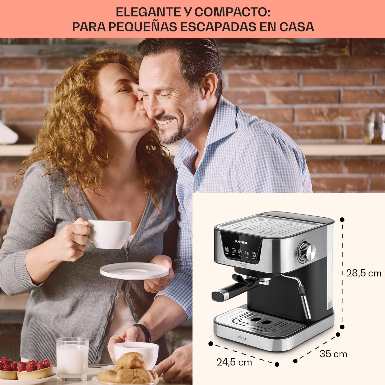 Máquina de café espresso Arabica 1050W 15 Bar 1,5l Panel de control táctil acero inoxidable 