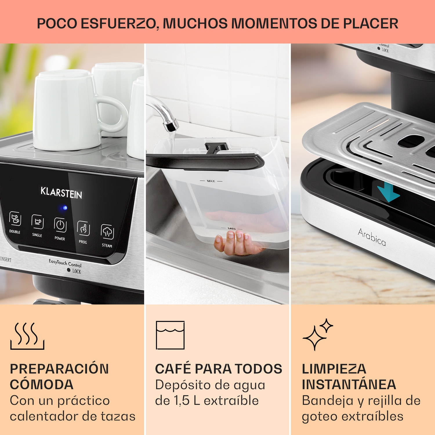 Máquina de café espresso Arabica 1050W 15 Bar 1,5l Panel de control táctil acero inoxidable 