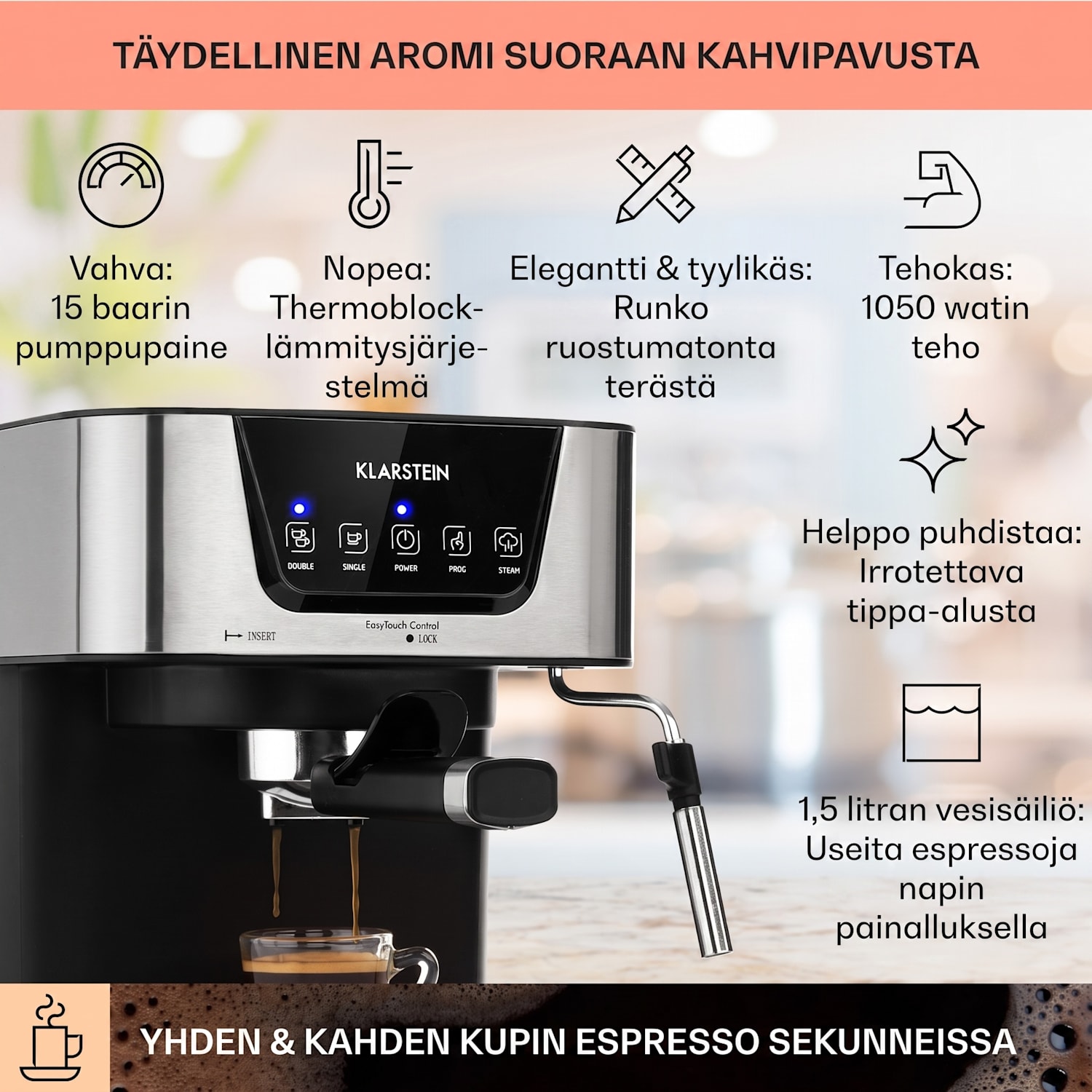 Arabica, espressokeitin, 1050 W, 15 bar, 1,5 l, kosketuskäyttöpaneeli, ruostumaton teräs Hopea Metallinen