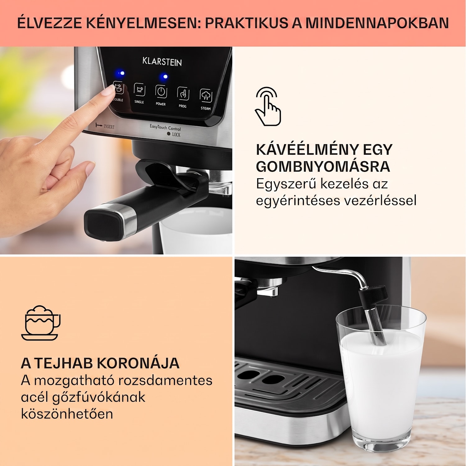 Arabica, eszpresszó kávéfőző, 1050 W, 15 bar, 1,5 l, érintős vezérlőpanel, rozsdamentes acél Ezüst metál