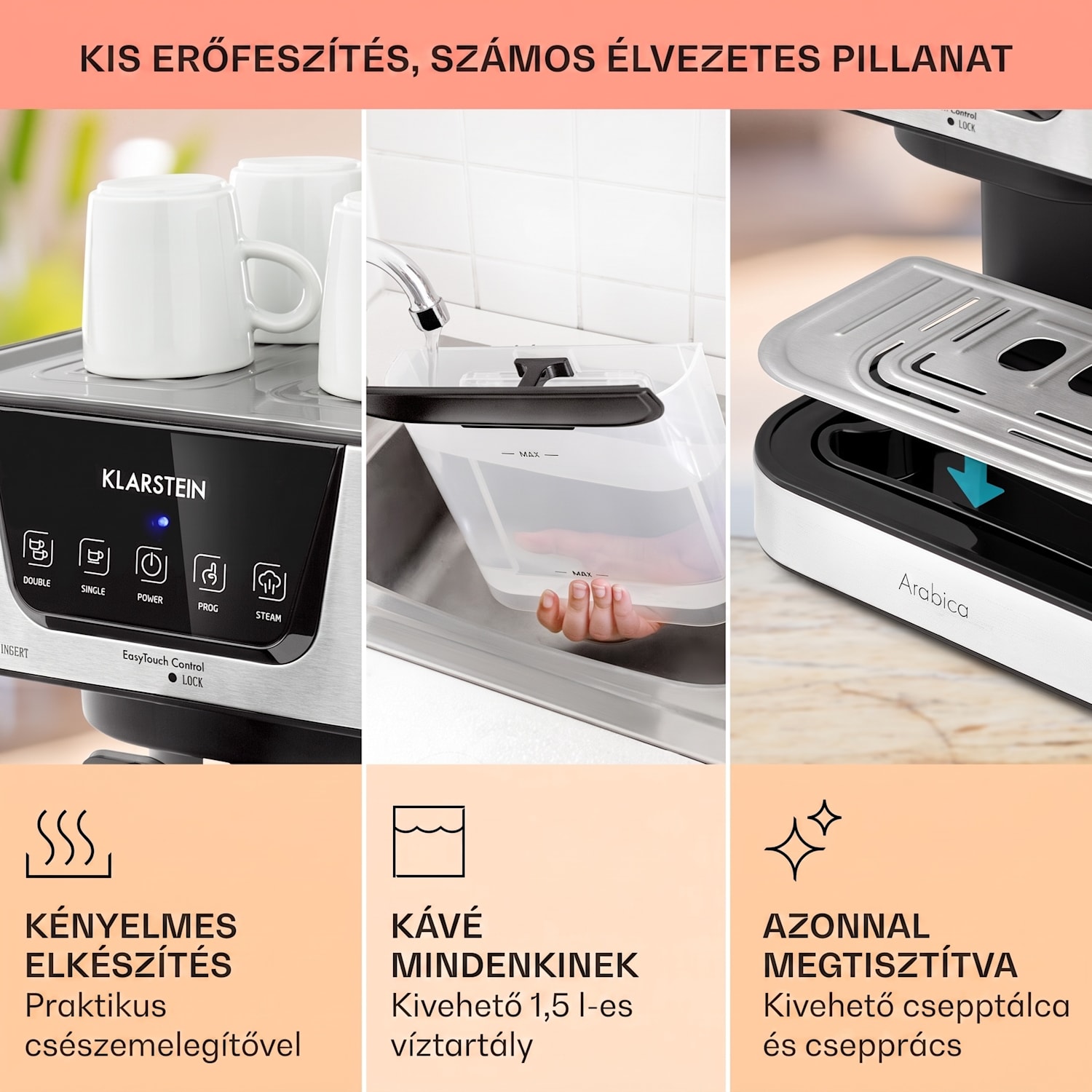Arabica, eszpresszó kávéfőző, 1050 W, 15 bar, 1,5 l, érintős vezérlőpanel, rozsdamentes acél Ezüst metál