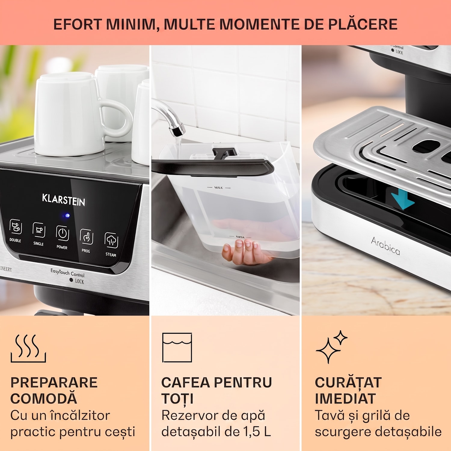 Arabica, aparat de cafea espresso,1050 W, 15 bar, 1,5 l, panou de control tactil, oțel inoxidabil Argintiu metalizat