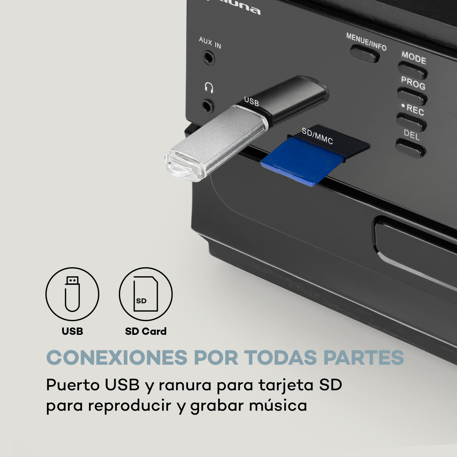 Equipo estéreo Oakland DAB Retro DAB+/FM Función BT Vinilo CD Cassette Madera Negra