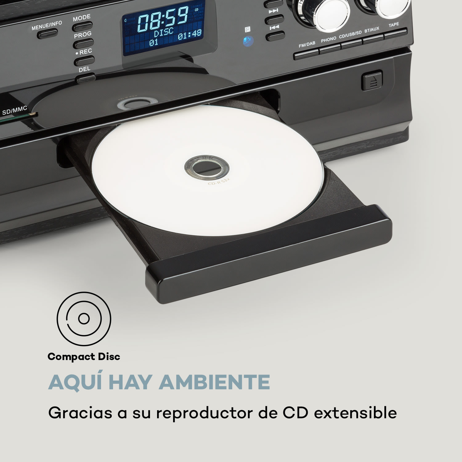 Equipo estéreo Oakland DAB Retro DAB+/FM Función BT Vinilo CD Cassette Madera Negra