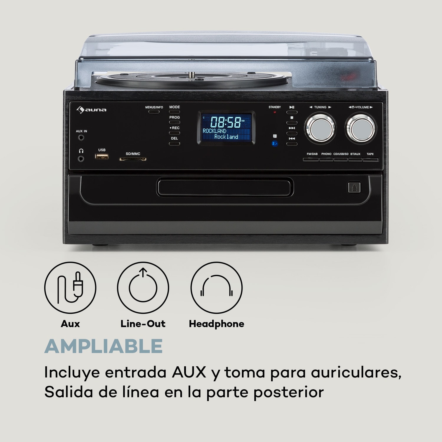 Equipo estéreo Oakland DAB Retro DAB+/FM Función BT Vinilo CD Cassette Madera Negra