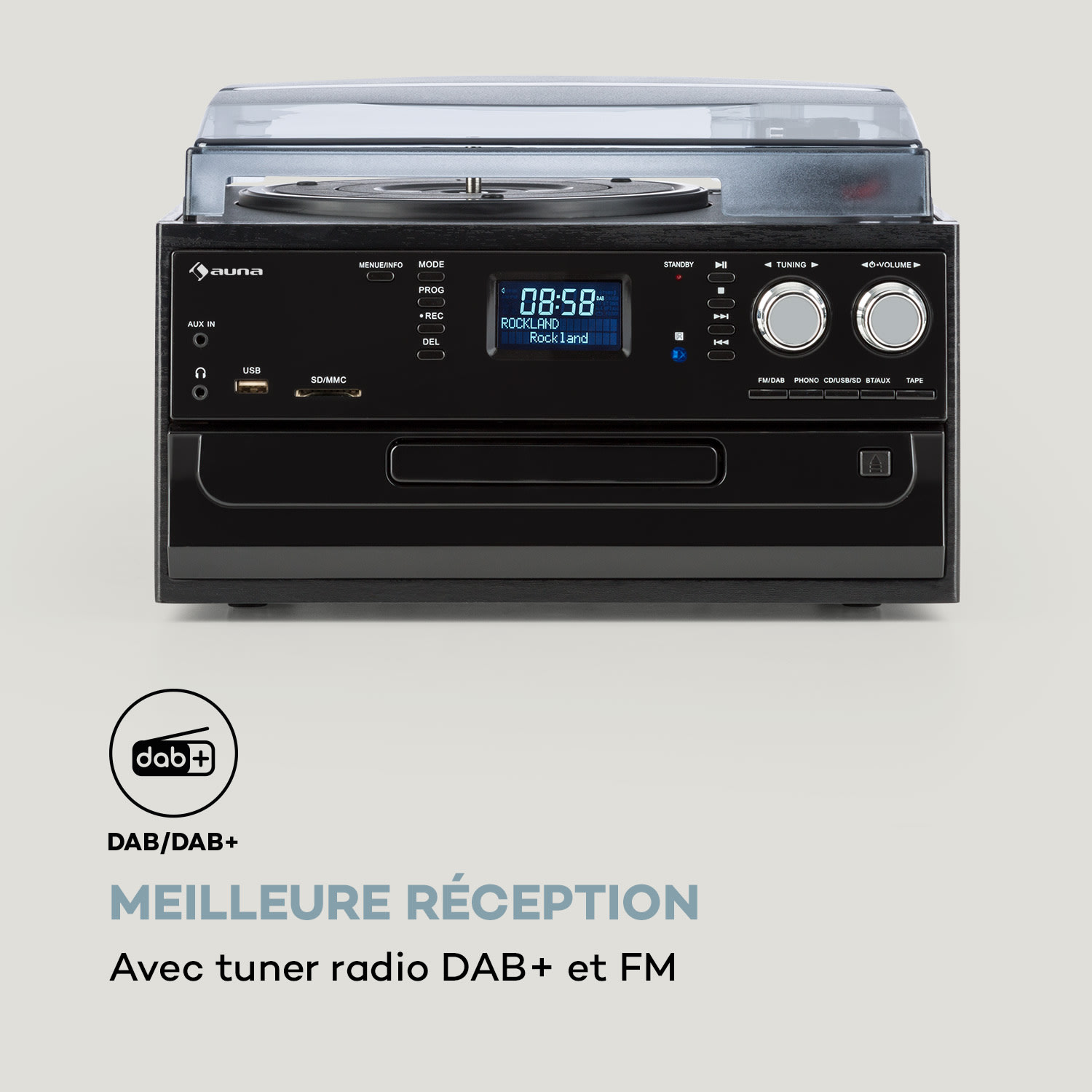 Oakland DAB Chaîne stéréo rétro DAB+/FM Fonction BT Vinyle CD Cassette Bois Noir