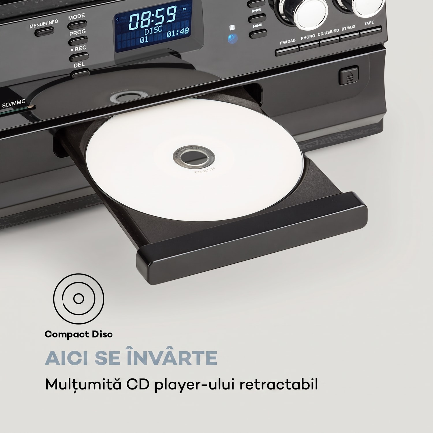 Oakland DAB, sistem stereo retro, DAB+/FM, funcție BT, vinil, CD, casetofon Lemn negru