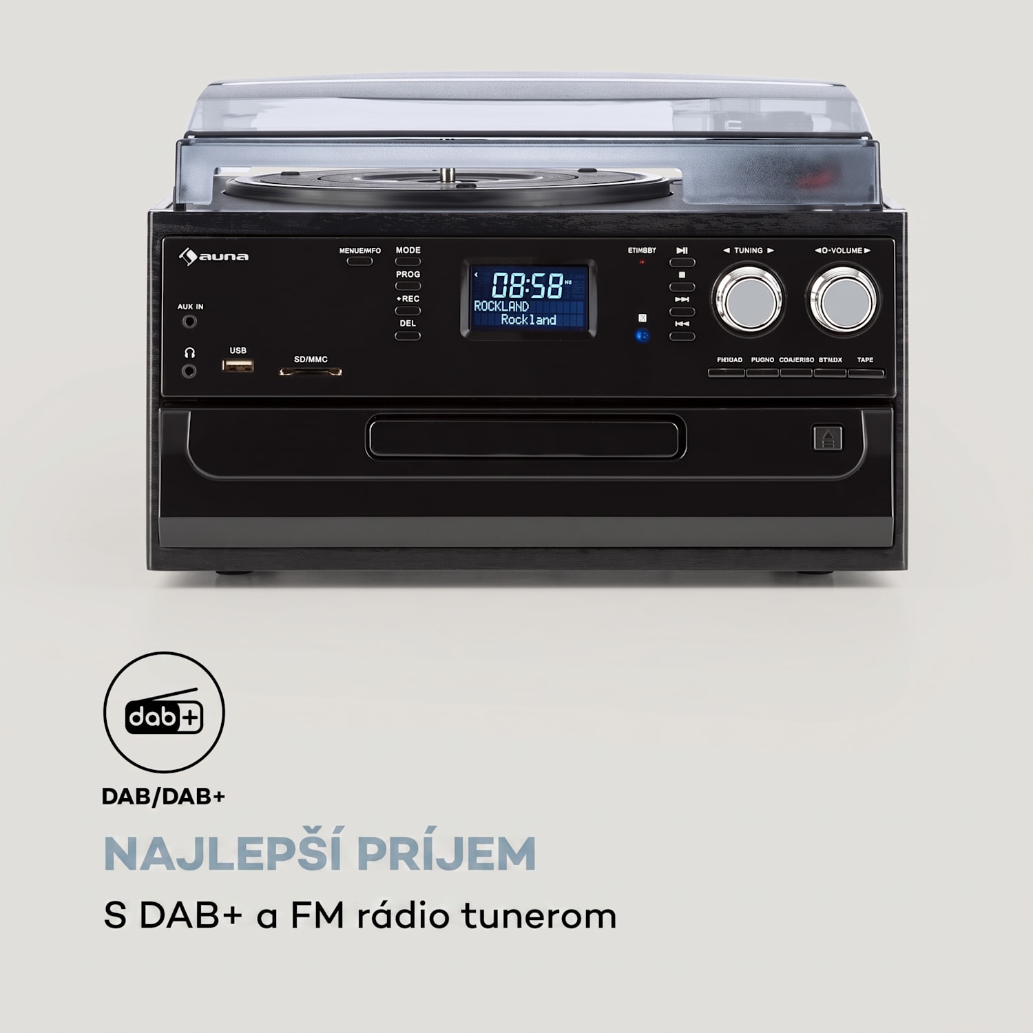 Oakland DAB, retro stereo systém, DAB+/FM, BT funkcia, vinyl, CD, kazetový prehárvač Čierne drevo