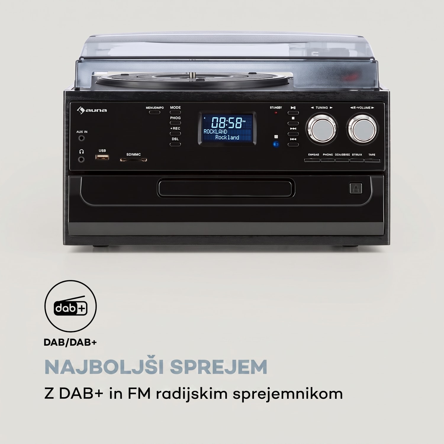 Oakland DAB, retro stereo sistem, DAB+/FM, funkcija BT, predvajalnik vinilnih plošč, CD-zgoščenk in kaset Črni les