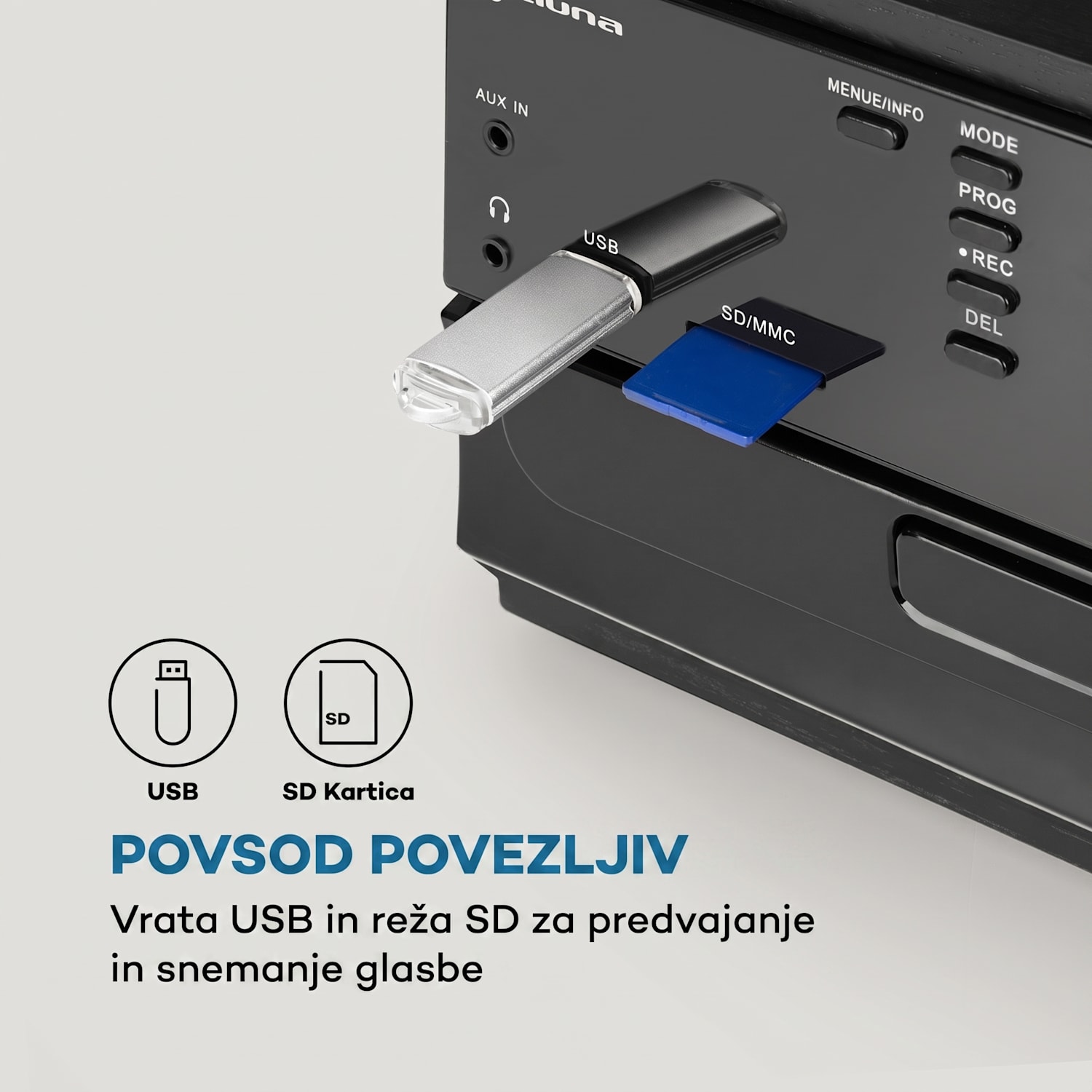 Oakland DAB, retro stereo sistem, DAB+/FM, funkcija BT, predvajalnik vinilnih plošč, CD-zgoščenk in kaset Črni les