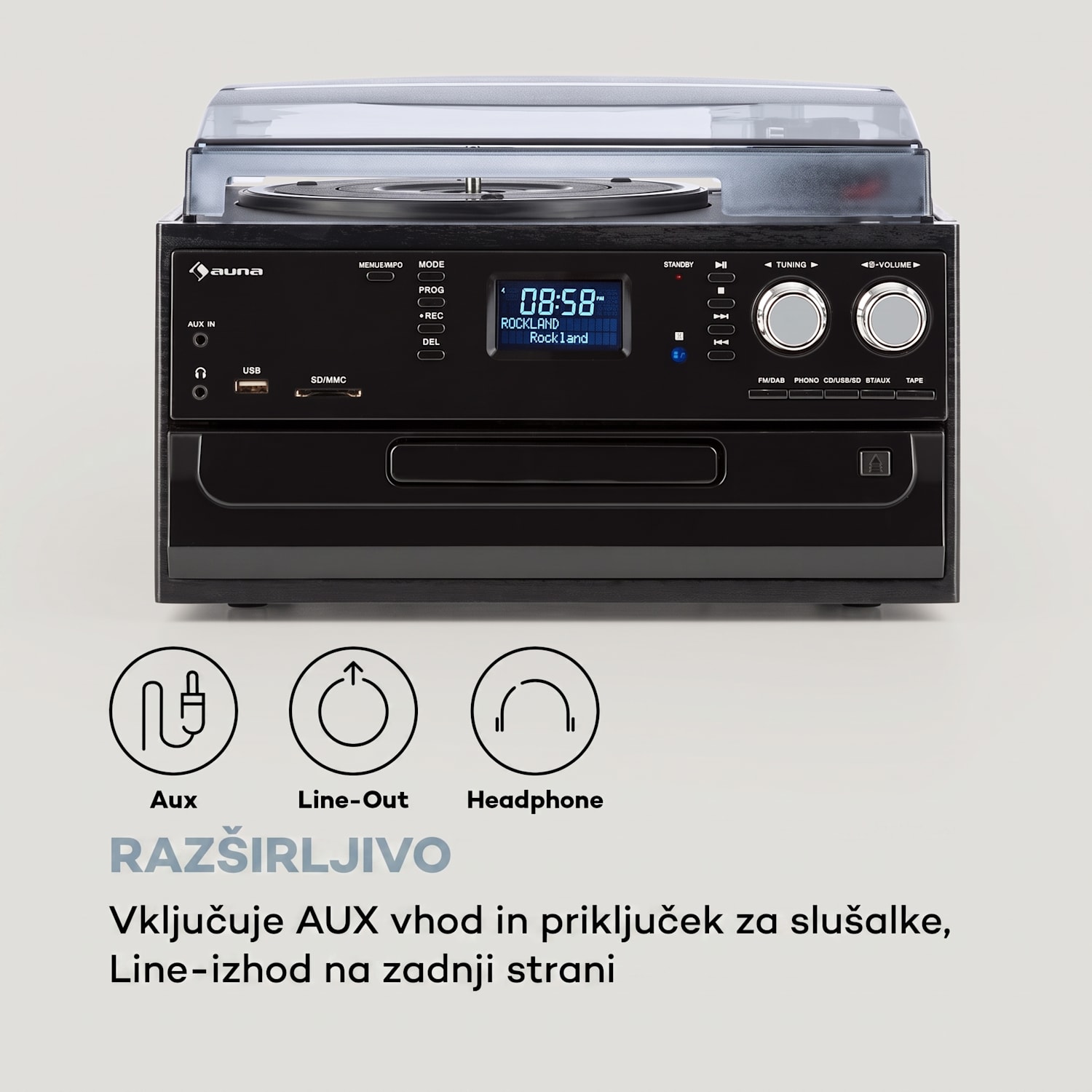 Oakland DAB, retro stereo sistem, DAB+/FM, funkcija BT, predvajalnik vinilnih plošč, CD-zgoščenk in kaset Črni les