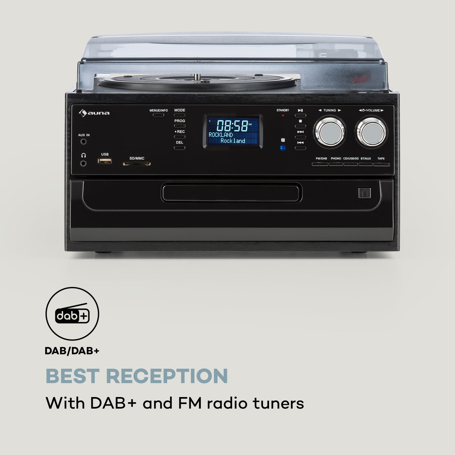 Oakland DAB retro stereo system DAB+/FM BT function vinyl CD cassette Black Wood