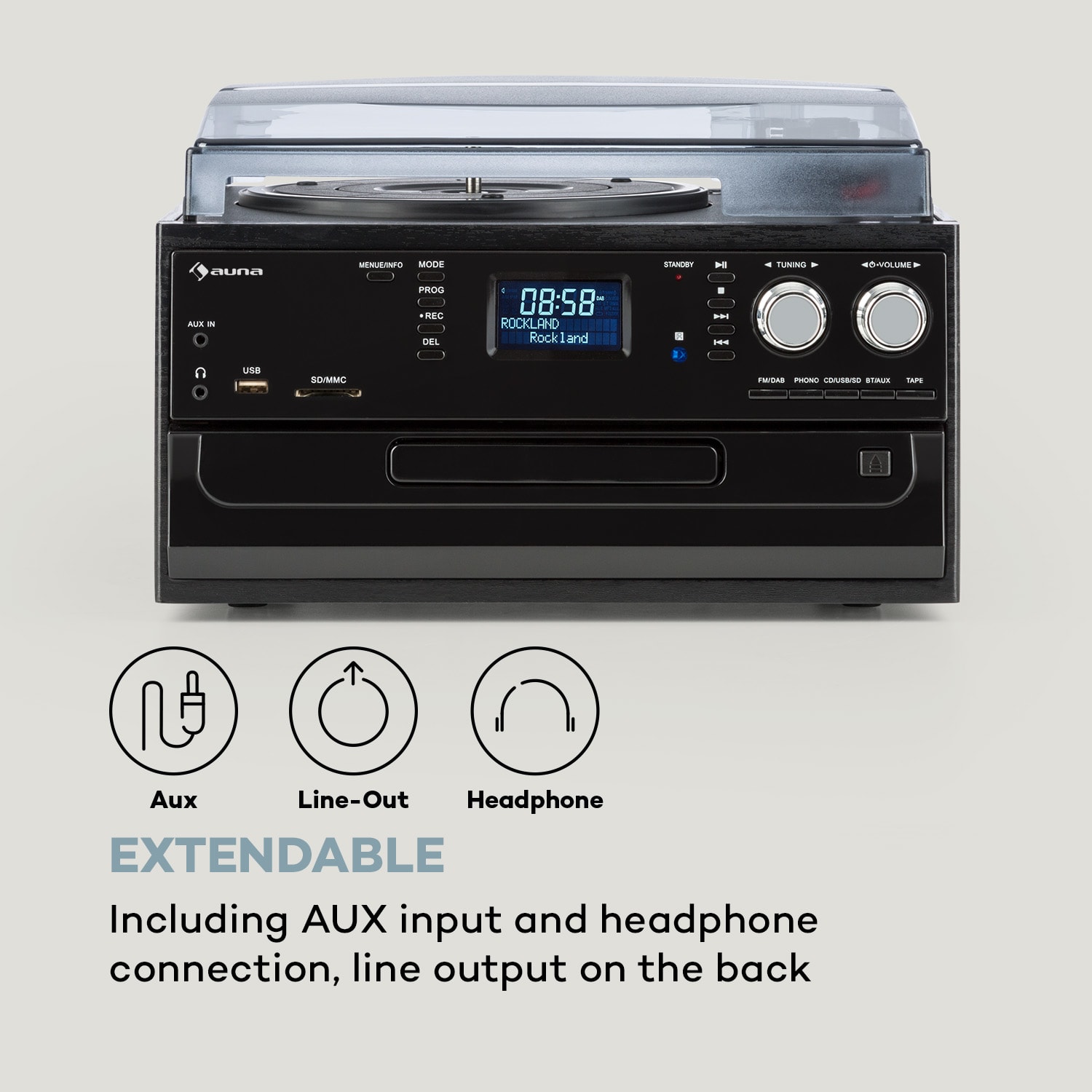 Oakland DAB, retro sztereó rendszer, DAB+/FM, BT funkció, bakelit, CD, kazettás magnó Fekete fa