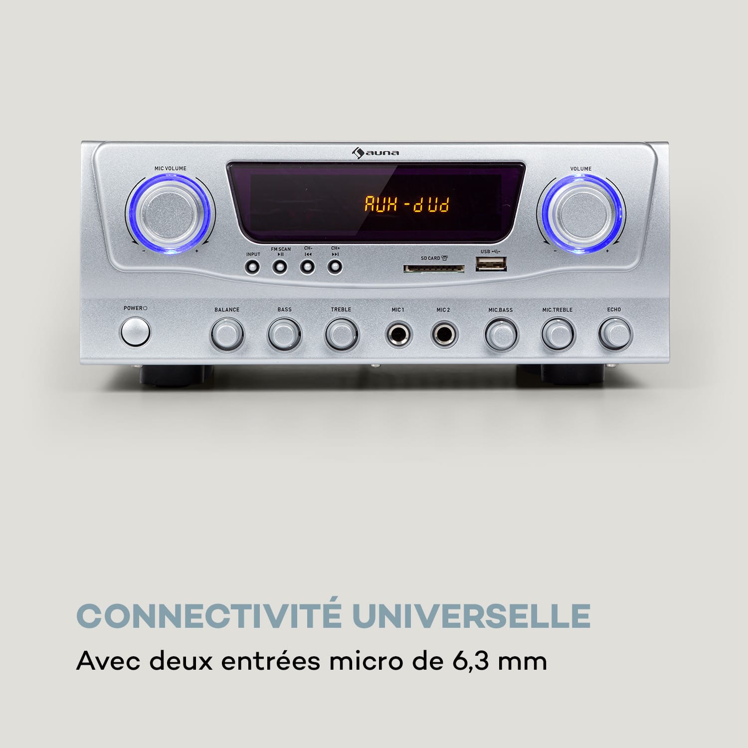 Amp-2 BT Amplificateur HiFi USB SD 2x 50W RMS - Argent Argent